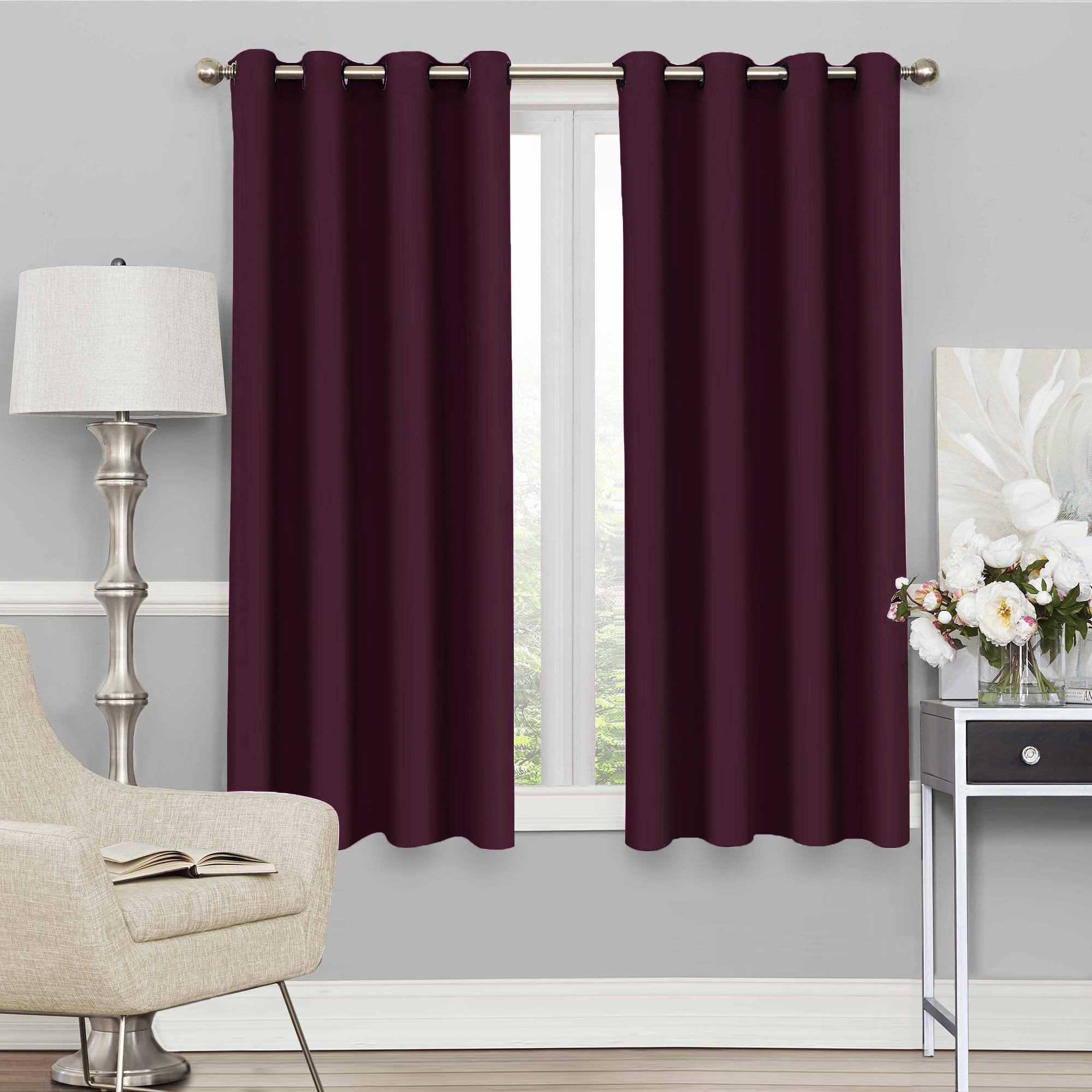 Blackout Window Curtains, for Living/Bedroom. Premium Faux Silk, Rich Polyester. Light Blocking, Thermal Insulation, Noise Reduction. Grommet. Solid Purple, 2 Panels, 152cm/5ft