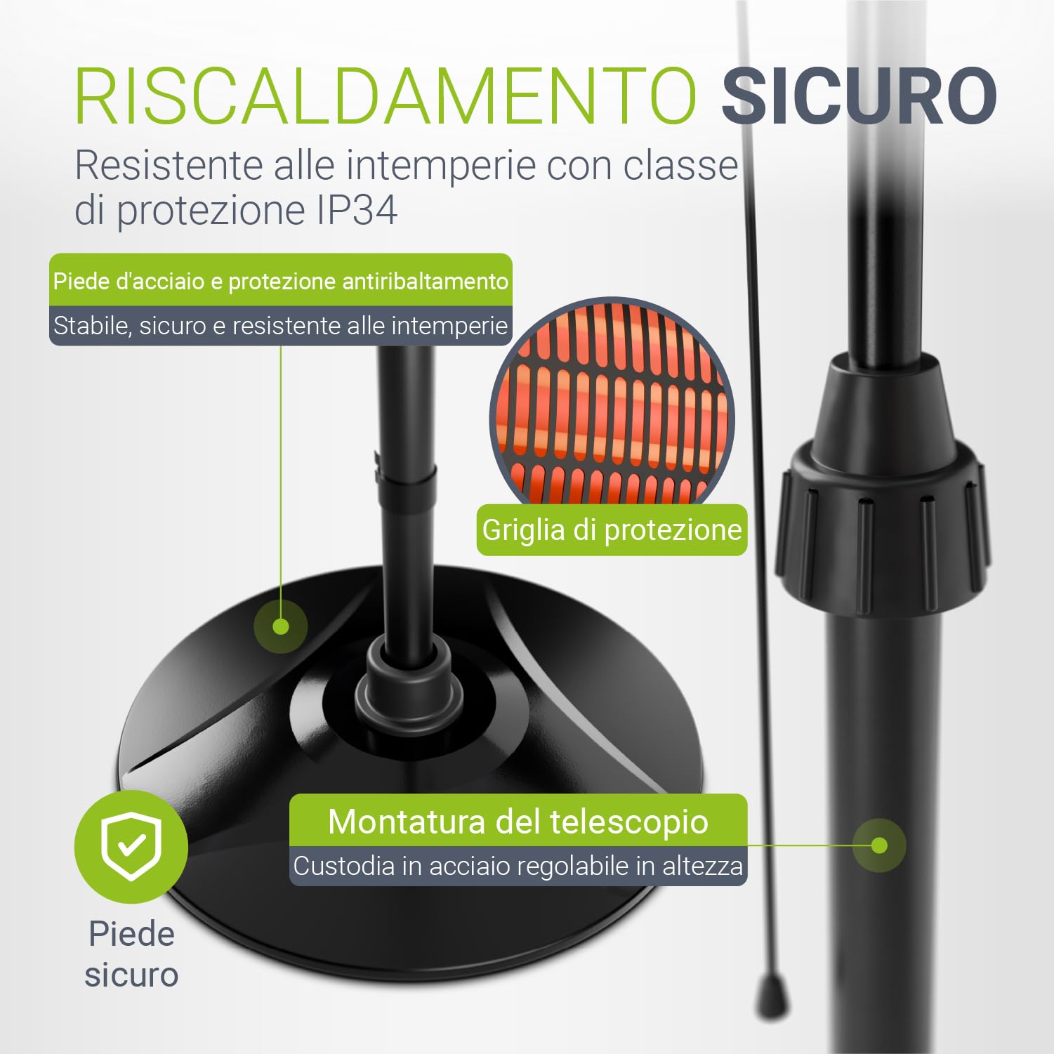 Juskys stufa a infrarossi 2000W – Nero, riscaldatore da esterno con supporto telescopico & 3 potenze per balcone & patio
