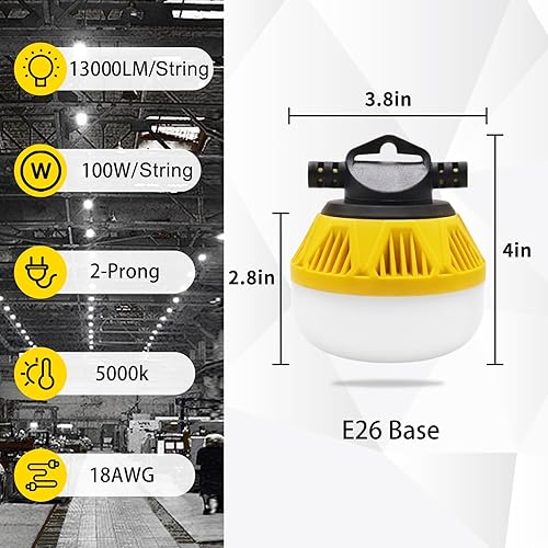 Miniatura 2 de StarWorld Tira de luces de construcción de 100 pies, 10 bombillas LED de 100 W, luces de trabajo temporales LED, impermeable, 13000 lúmenes, luz de