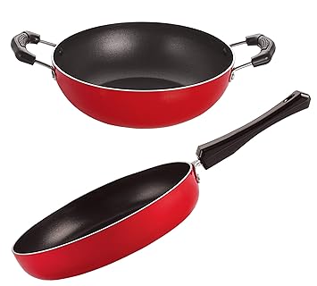 Nirlon Non Stick Kitchenware Cooking Utencil Kadai and Frying pan Gift Set, Red