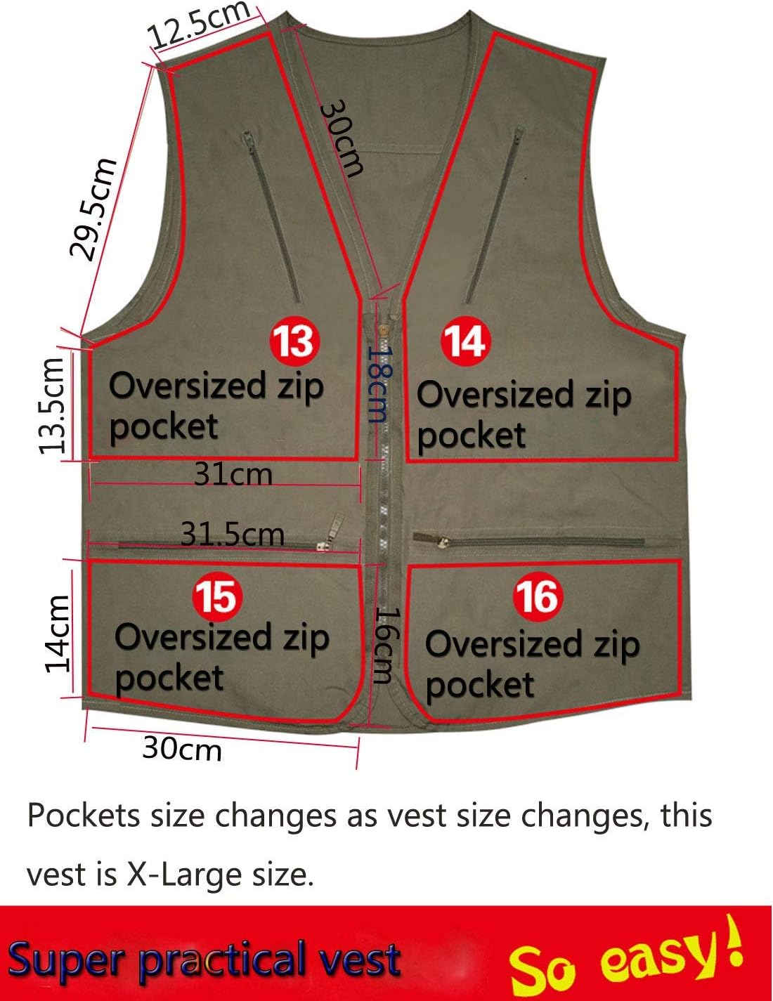 Flygo Men's Vest Plus Size 16 Pockets Leisure Outdoor Lightweight Fishing Photo Journalist Vest