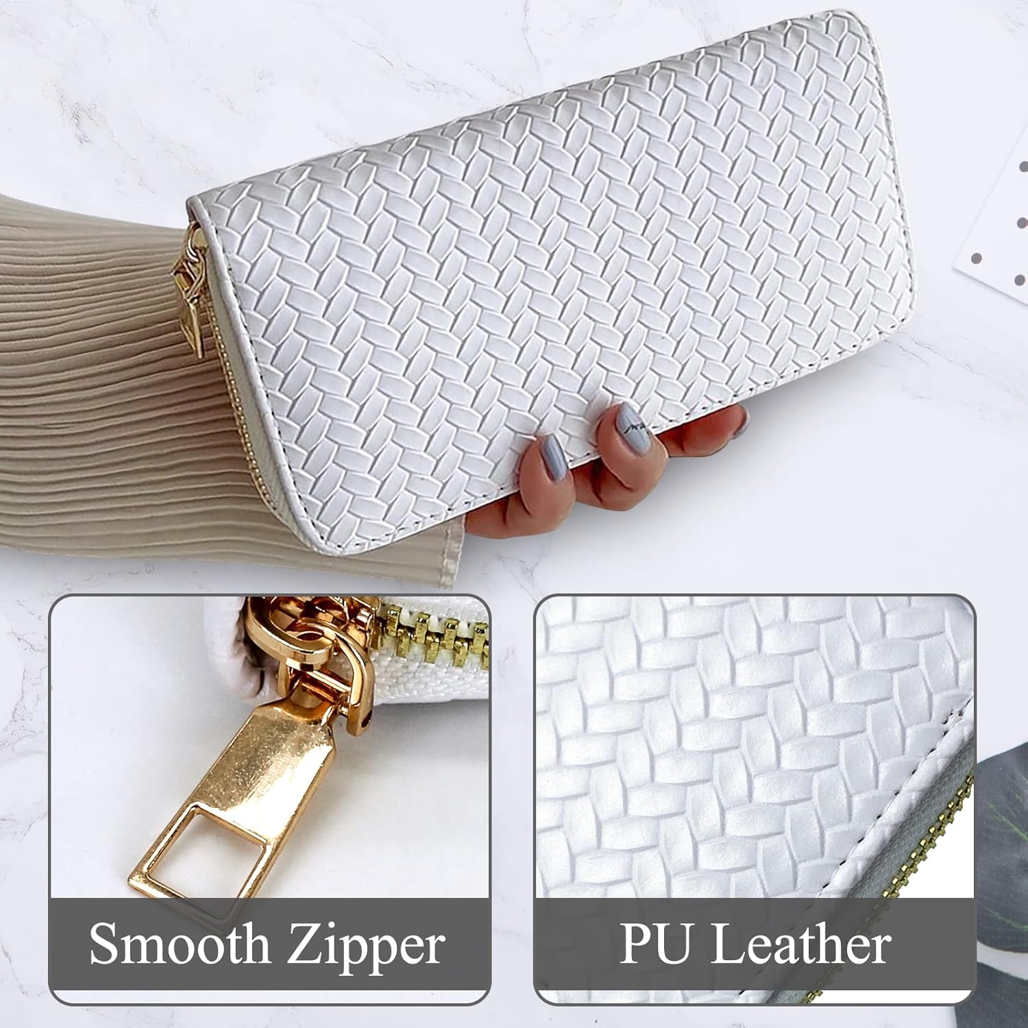 Women’s Wallet, PU Leather Weave Card Holder Ladies Large Capacity Clutch Purse with ID Window and Zipper Pocket (White) - Image 3