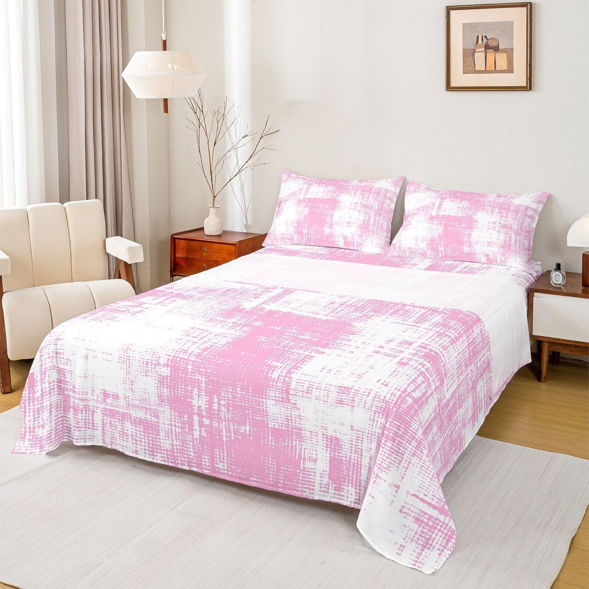 jejeloiu Pink Abstract Art Bed Sheets Set Twin Size Luxury Bed Set for Kids Boys Girls Modern Art Deep Pocket Fitted Sheet Breathable Soft Lightweight Microfiber