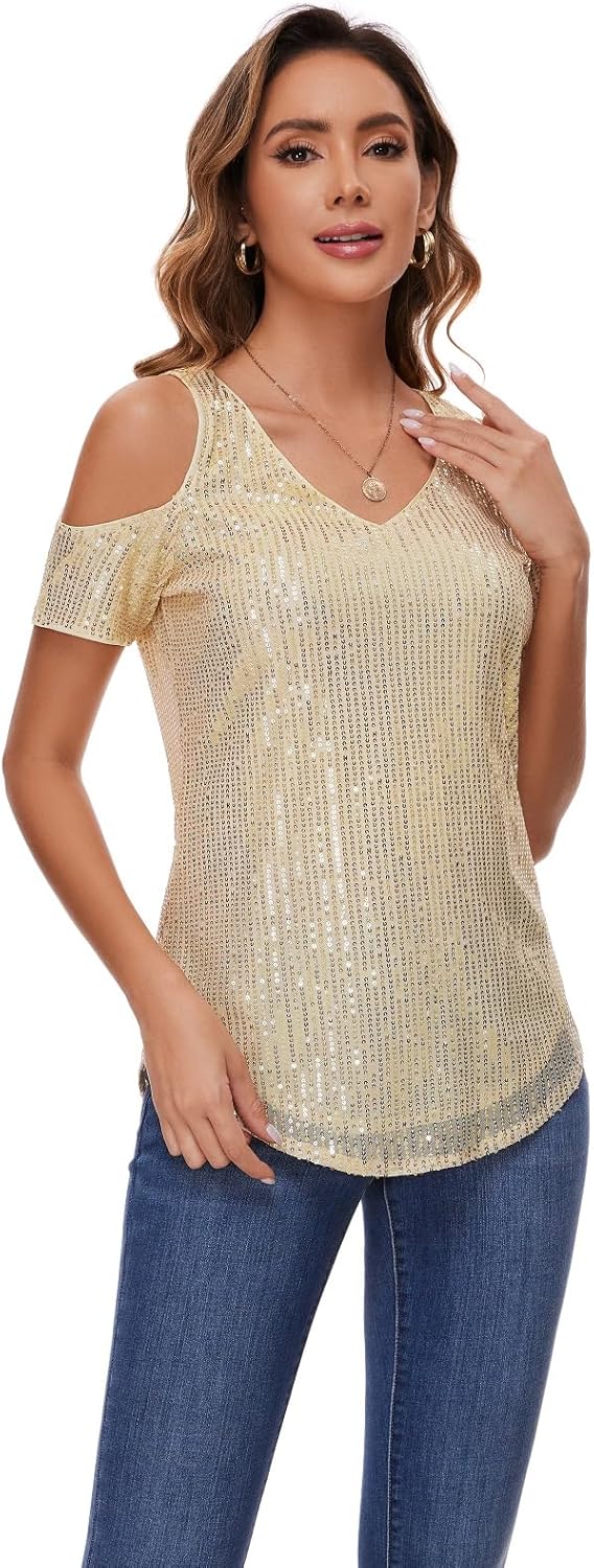 Womens Sparkly Sequin Top V Neck Cold Shoulder Glitter Short Sleeve Dressy Party Blouse Shirts - Image 3