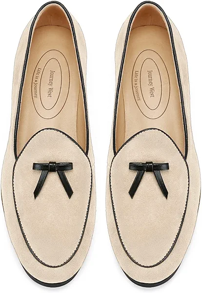 Journey West Suede Tassel Loafer for Women Slip-on Belgian Penny Loafers Shoes for Women Beige US 6.5
