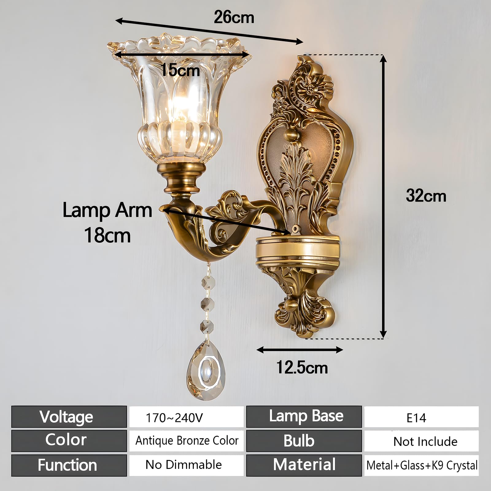 Lampada Da Parete Floreale Vintage 1 Testa, Paralume In Vetro, Finitura Bronzo Dorato - Per Camera, Corridoio, Ristorante