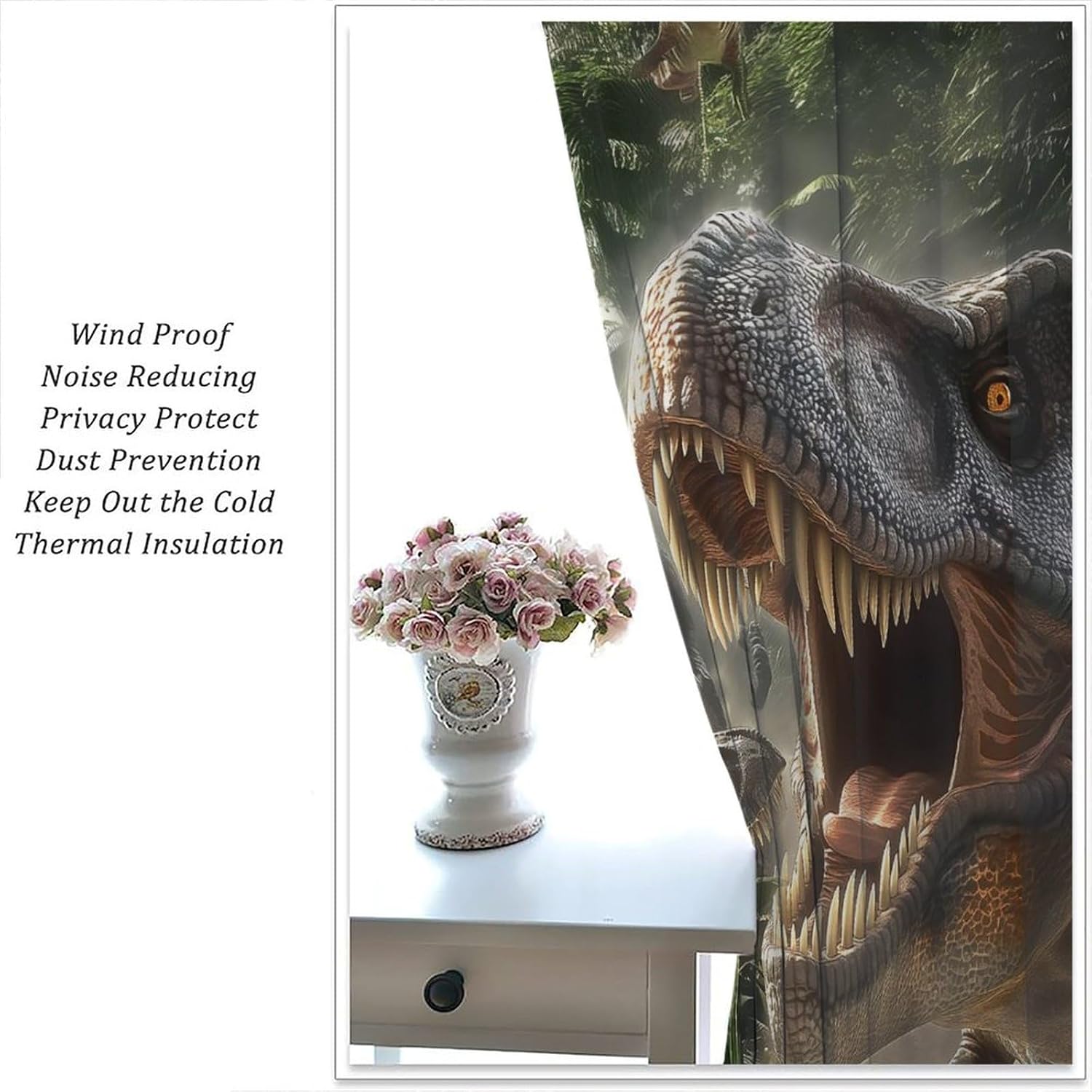 Tyrannosaurus Curtains for Boys,Prehistoric Primeval Forest Jurassic Ancient Dinosaurs Window Drapes Print for Kids Teenager Bedroom Living Room 42x45in (No Blackout)