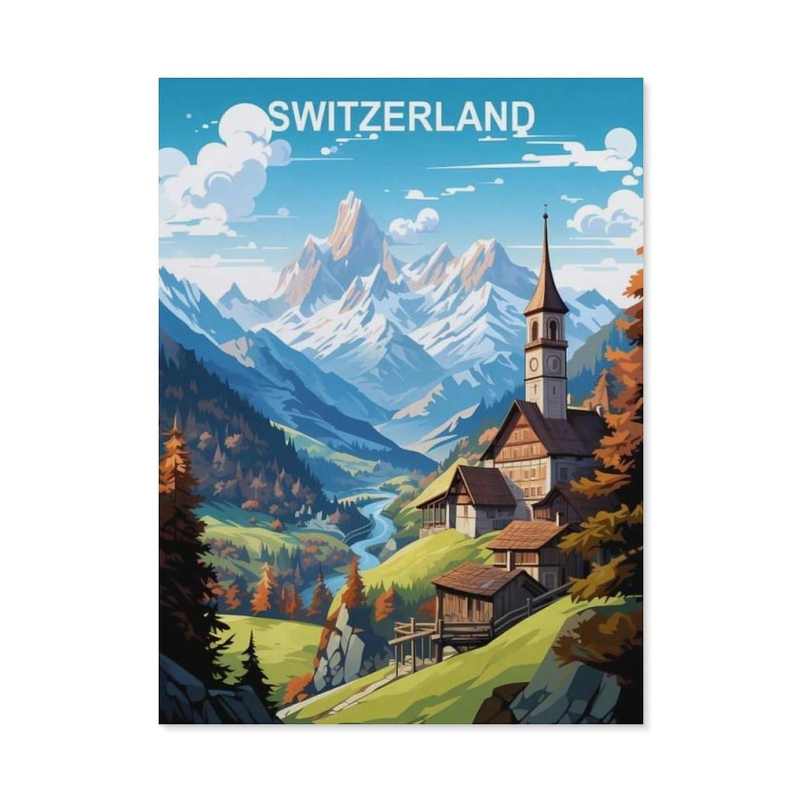BEAYODKP 5D DIY Diamond Painting kit，Switzerland Vintage Travel Poster，Round Resin Diamond Cross Stitch, Home Decoration Gift（50 x 60 cm/19.68 x 23.62 inches）-BW5