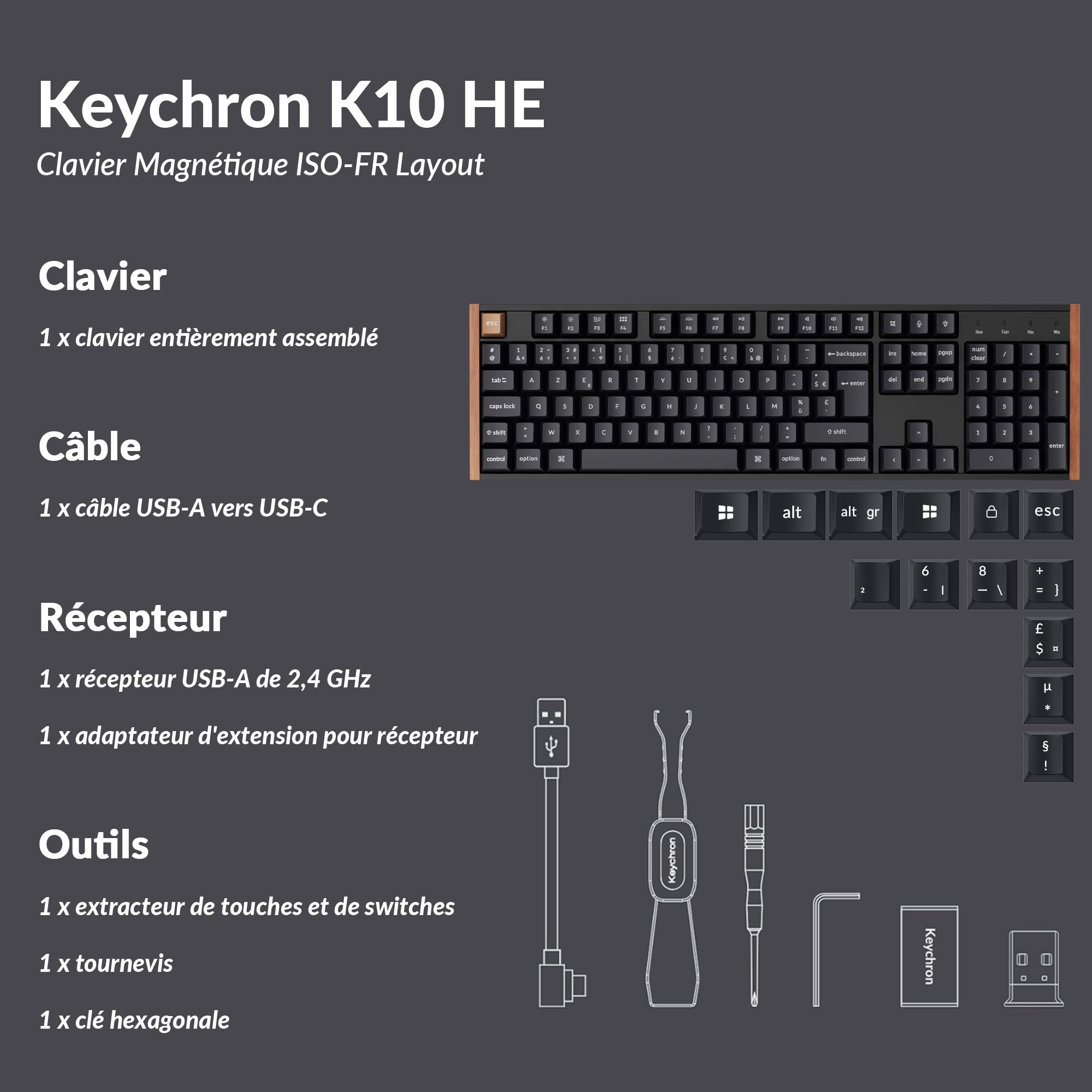 Keychron K10 HE Clavier AZERTY Magnétique sans Fil, 100% ISO-FR Layout, Point d’Activation Réglable, RGB, Touches PBT à Profil Cherry Sublimées, pour Mac/Windows/Linux, Cadre Latéral en Bois, Noir