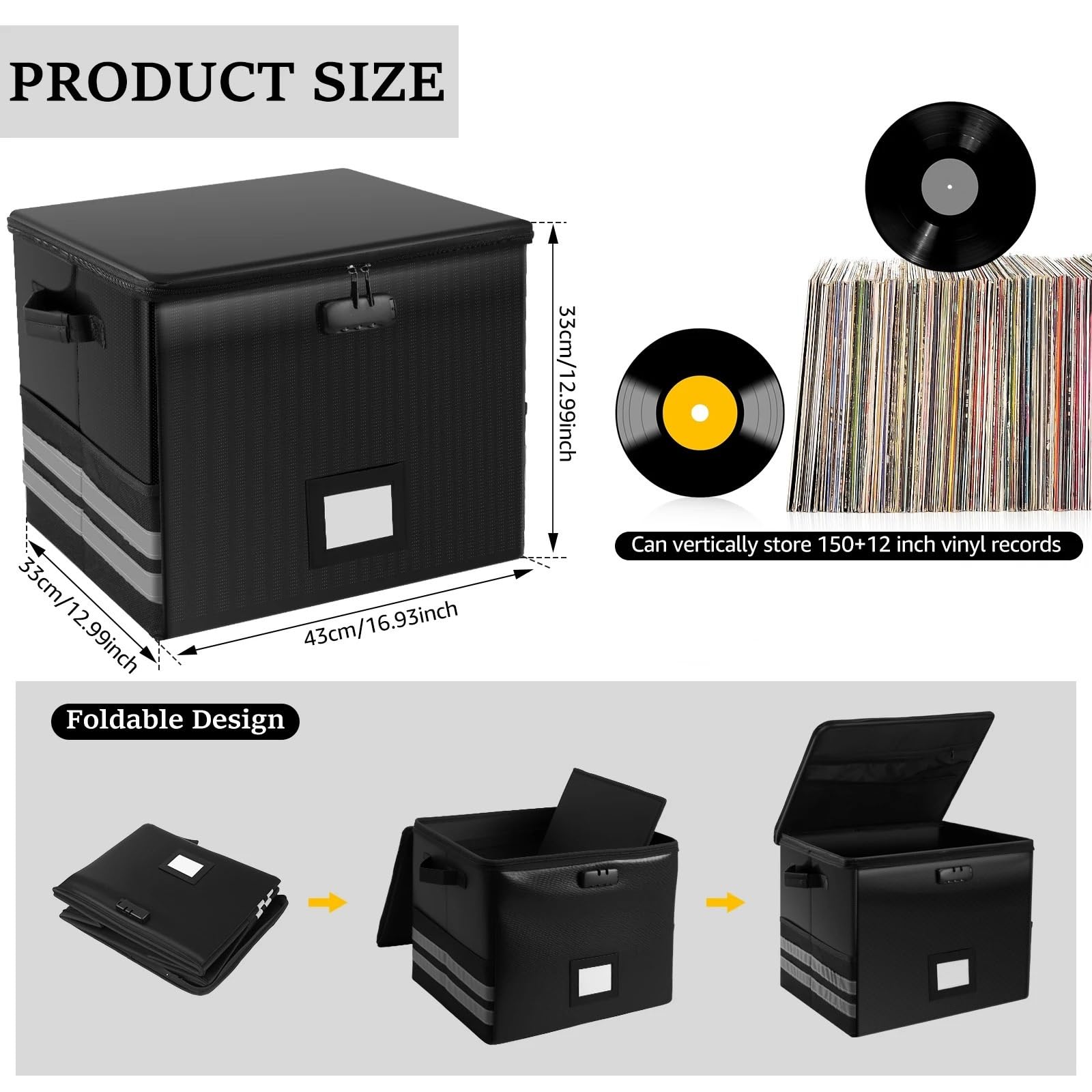 Vinyl Record Storage Box Fireproof Waterproof Organizer with Lock LP Album Crate Hold up to 150+ Singles for Home per Dischi