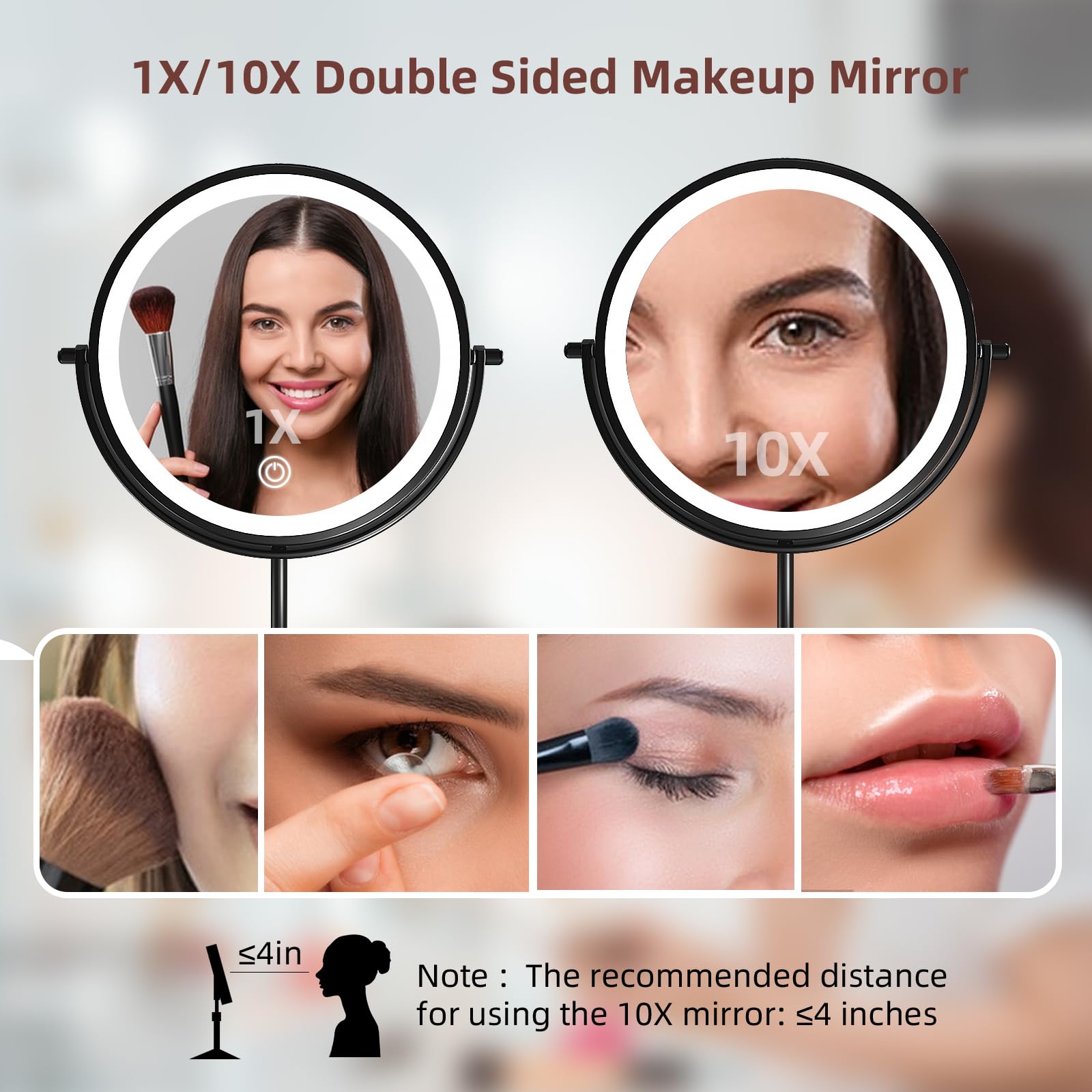 Omobolanle Specchio da trucco da 17,8 cm con luci, ingrandimento 10x, regolabile in altezza, specchio per trucco illuminato per scrivania, ricaricabile a 360°, girevole a 360°, specchio cosmetico a