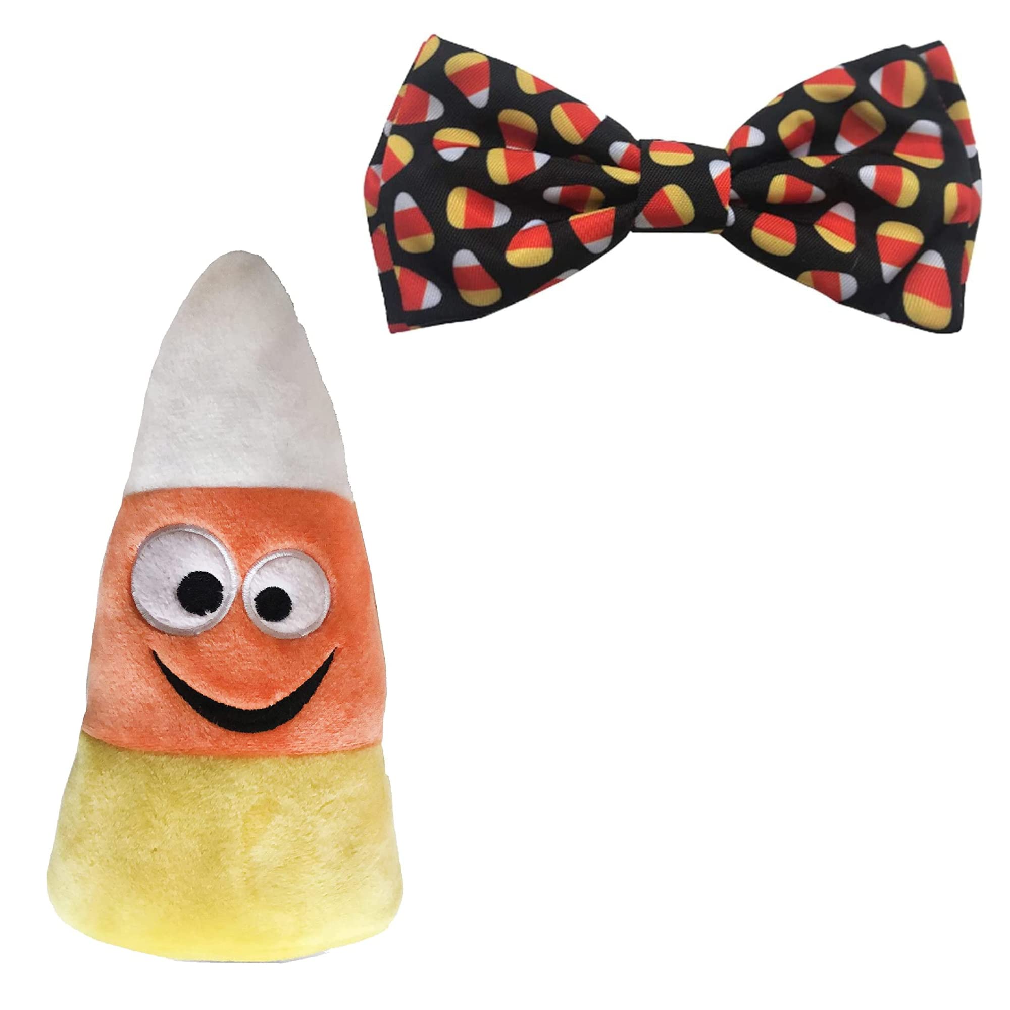 Huxley & Kent Halloween Dog Bundle | Extra-Large | Candy Corn Bowtie & Kookie Korn Lulubelles Power Plush Dog Toy | Toy with Squeaker | Pet Collar Attachment