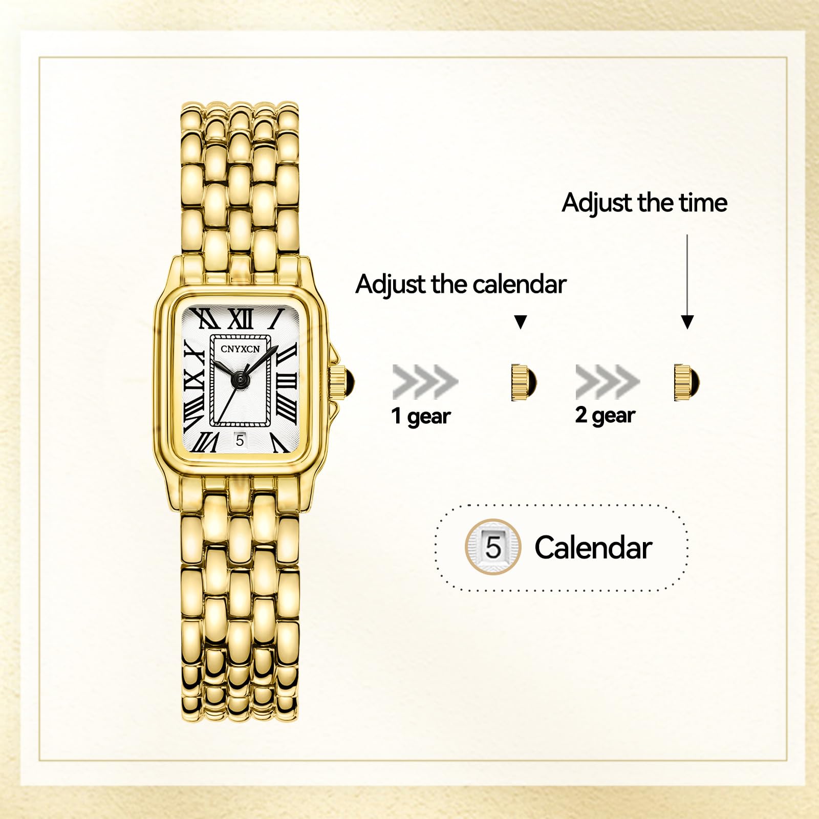 CNYXCN Relojes dorados para mujer con caja rectangular, esfera romana, pulsera vintage, fecha automática, resistente al agua, herramienta de ajuste incluida