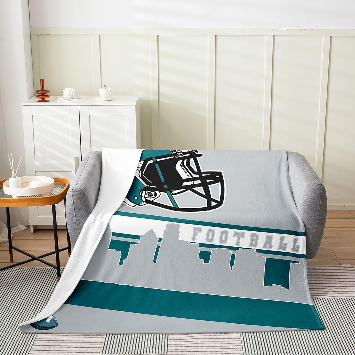 Erosebridal Customized Football Blanket Queen Inch Football City Flannel Blanket for Boys Girls Grey Football Fans Rugby Game Sports Ball Competition Room Decor