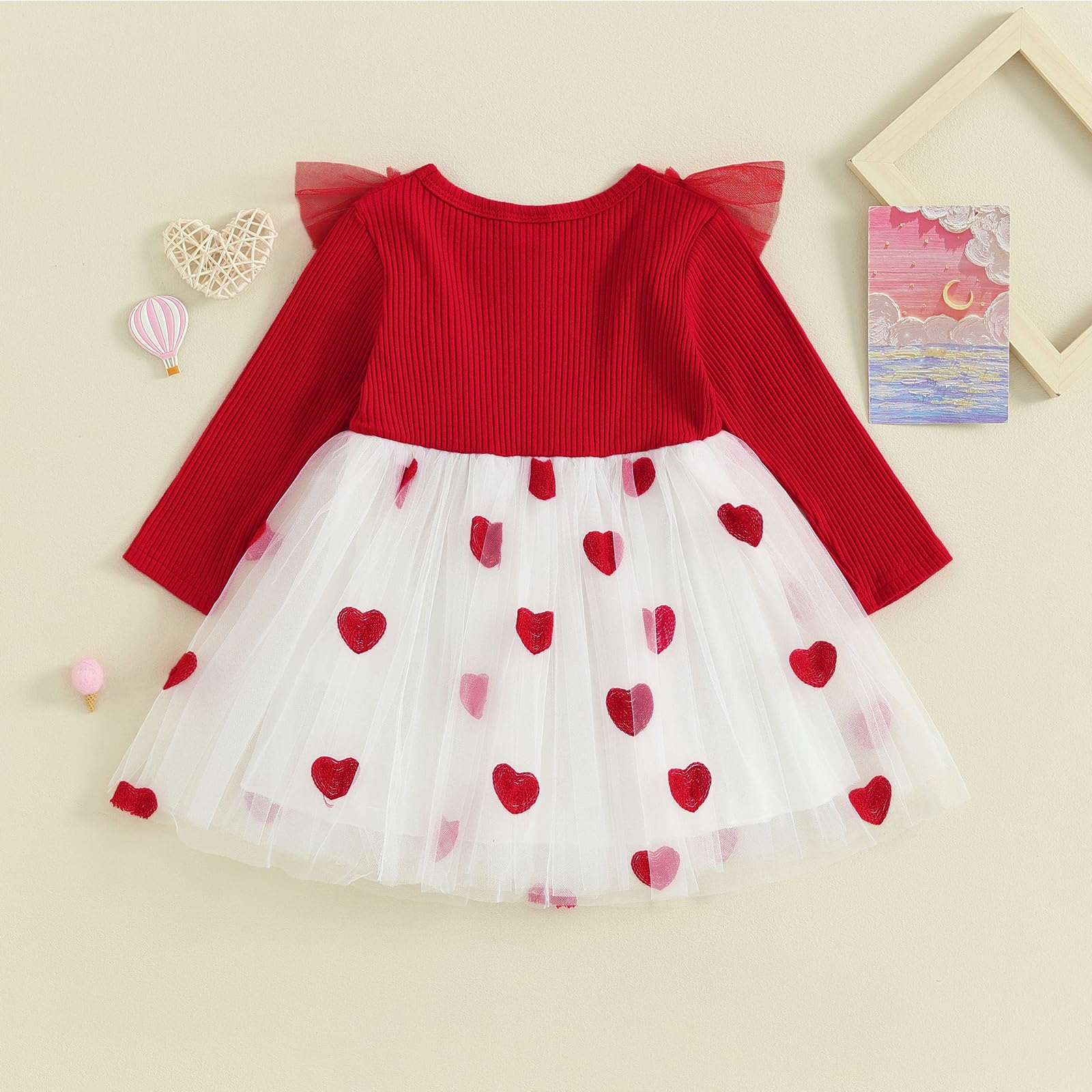 Vestito da bambina per San Valentino, lavorato a maglia, con volant, a maniche lunghe, in tulle, con gonna a tutù, per primavera e autunno