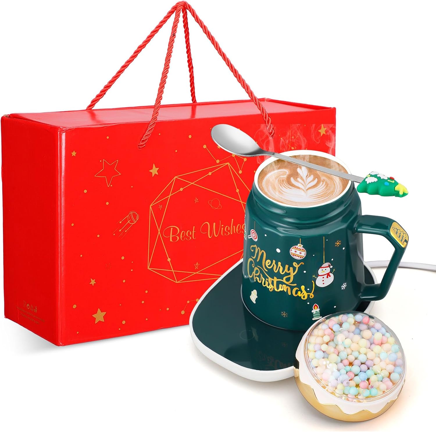 Tioncy Christmas Coffee Mug Warmer Gift Set 17 oz Ceramic Tea Cup Coffee Warmer with Spoon Electric Mug Heater Temperature Control for Office Women Birthday(Green,Globe Lid)