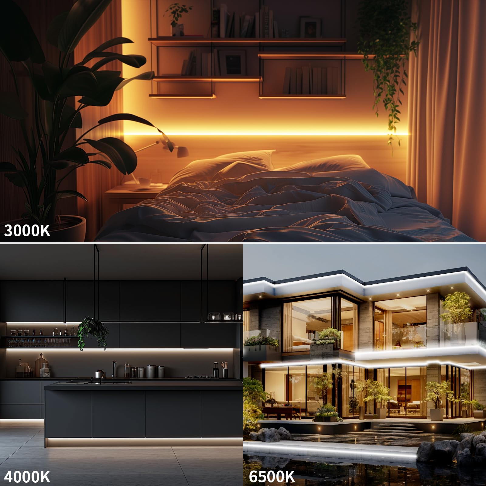 Tira LED Neon 16M Blanca Cálida 3000K-6500K Blanca Frío Tira Luz LED Regulable con Mando Distancia y Fuente Alimentación Luces de Cinta LED Flexible para Cocina, Dormitorio, 2 * 8M