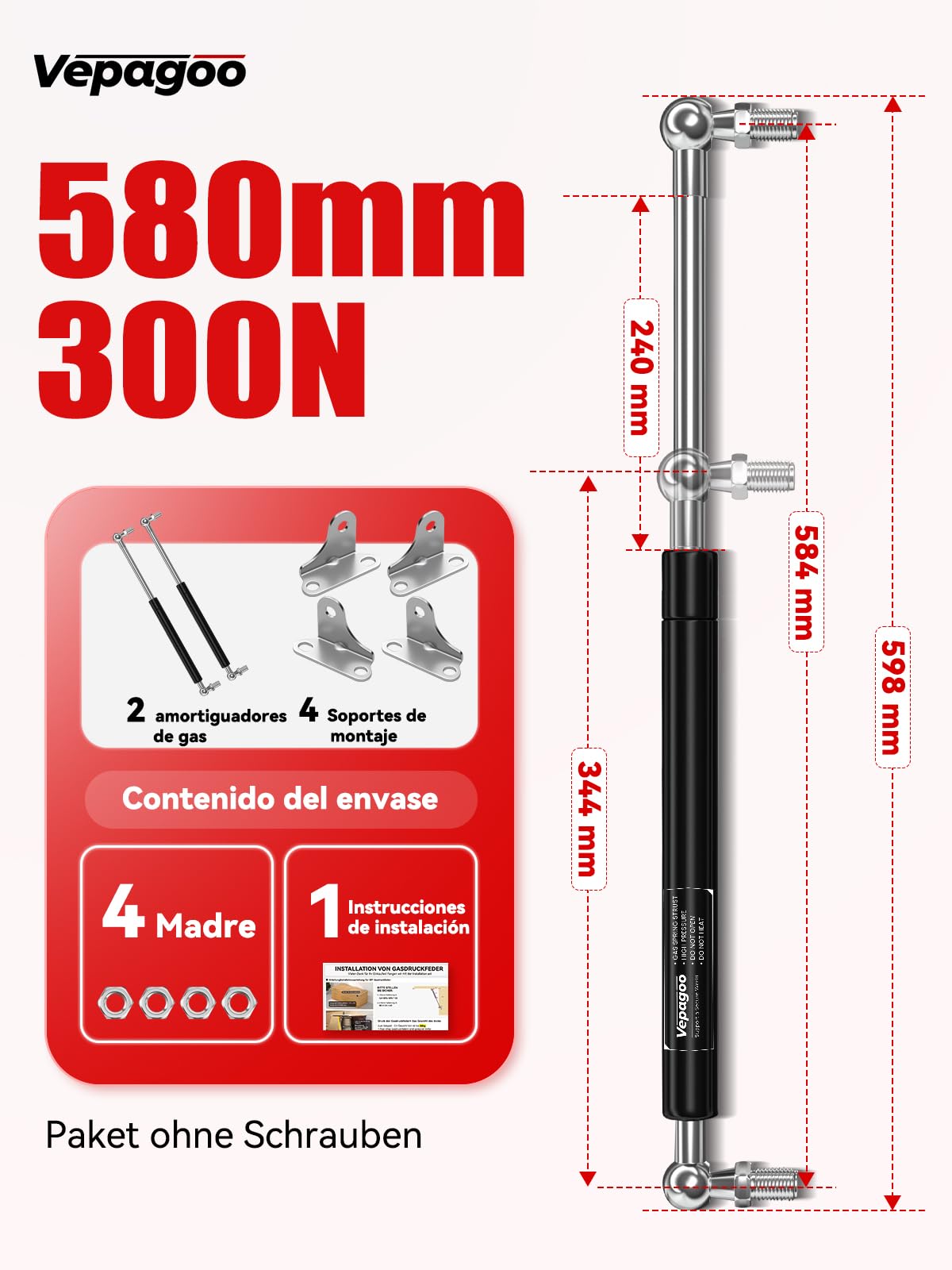 Veapgoo uniwersalna sprężyna gazowa 580 mm, 300 N, 30 kg, do przyczepy kempingowej, łóżka, pokrywy drzwi, drzwi, szopy, okien i innych niestandardowych projektów Heavy Duty, zestaw 2 szt