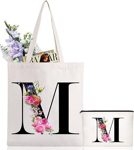 Andeiltech - Bolsa de lona con inicial floral, personalizada, bolsa de maquillaje con monograma, regalo para damas de honor, cumpleaños, boda