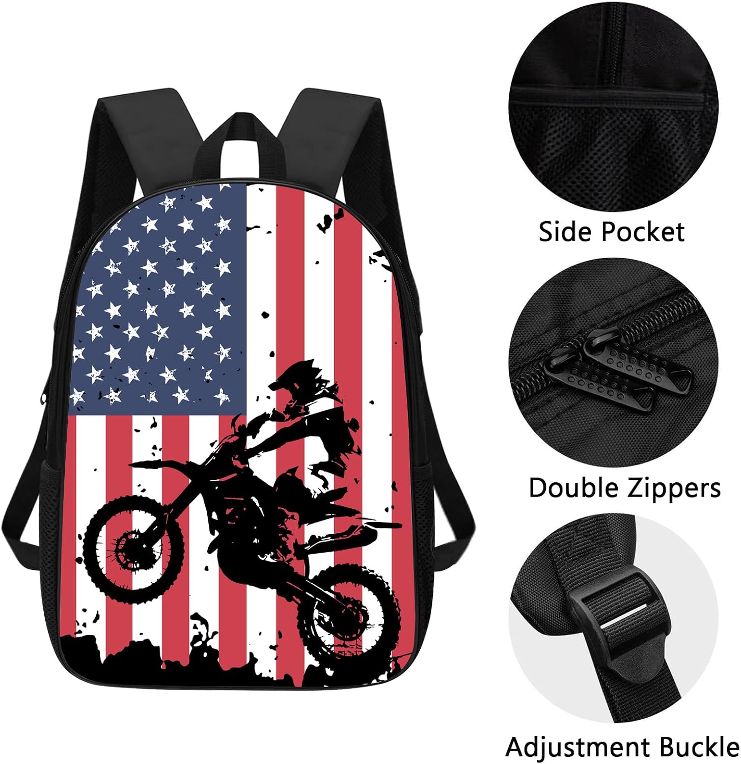 Motocross Sport Motorcycle Vehicle with American Flag School Backpack Shoulder Daypack, Dirt-Bike Boy Men School Bag Outdoor Casual Backpack Travel Daypacks for Men Women Teens Kids
