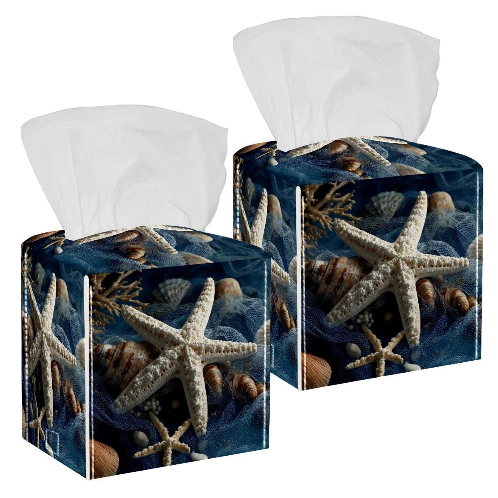 Starfish and Conch Tissue Box Cover, 2 Pack PU Leather Square Facial Tissue Dispenser Box holder for Home Office Car