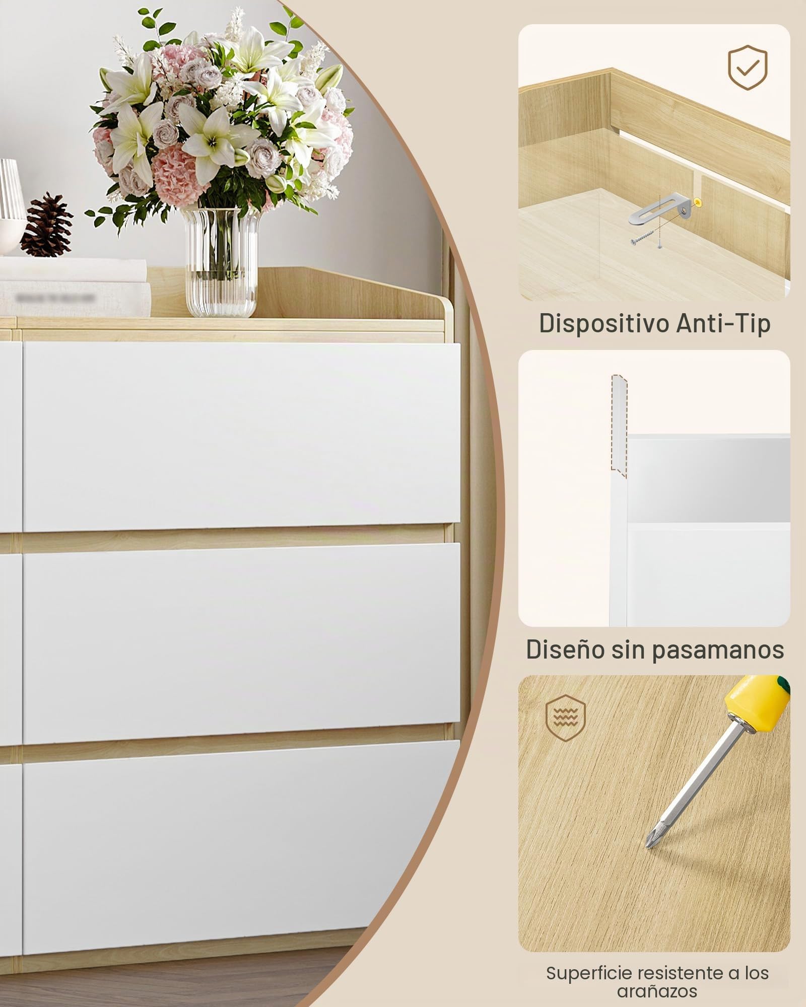 Hzuaneri Cómoda, Cajonera Dormitorio de 6 Cajones, Armario Auxiliar con Superficie de Trabajo, Estilo Moderno, para Salón, Dormitorio, Pasillo, 40 x 138 x 84 cm, Blanco-Roble DC32631X