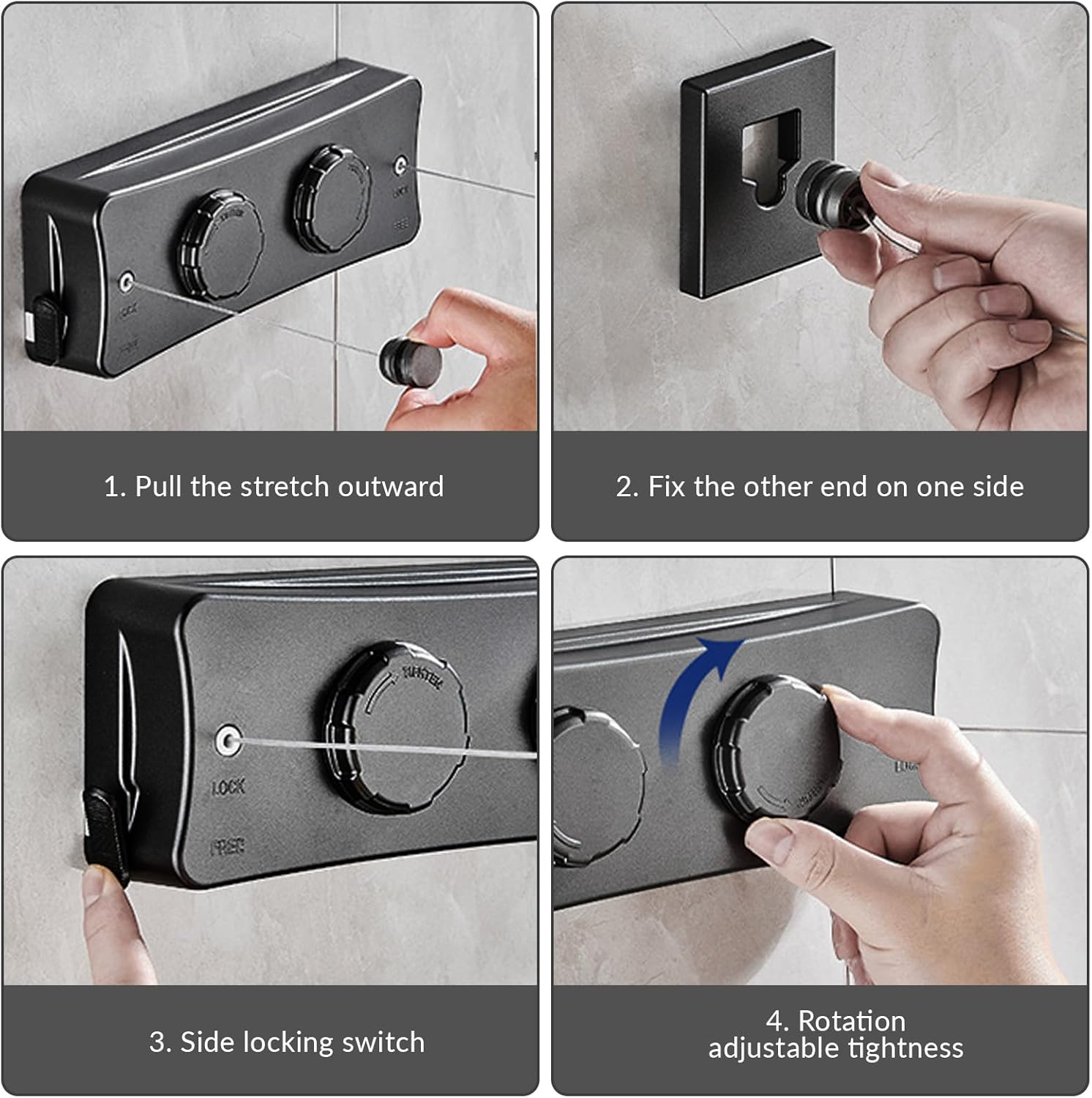 Upgrade Retractable Clothesline Heavy Duty 13.7FT Max - Anti-Sag Wall Mounted Indoor/Outdoor Clothes Drying Line with Stainless Steel Rope & Pulley System (Black, Q Double Line)