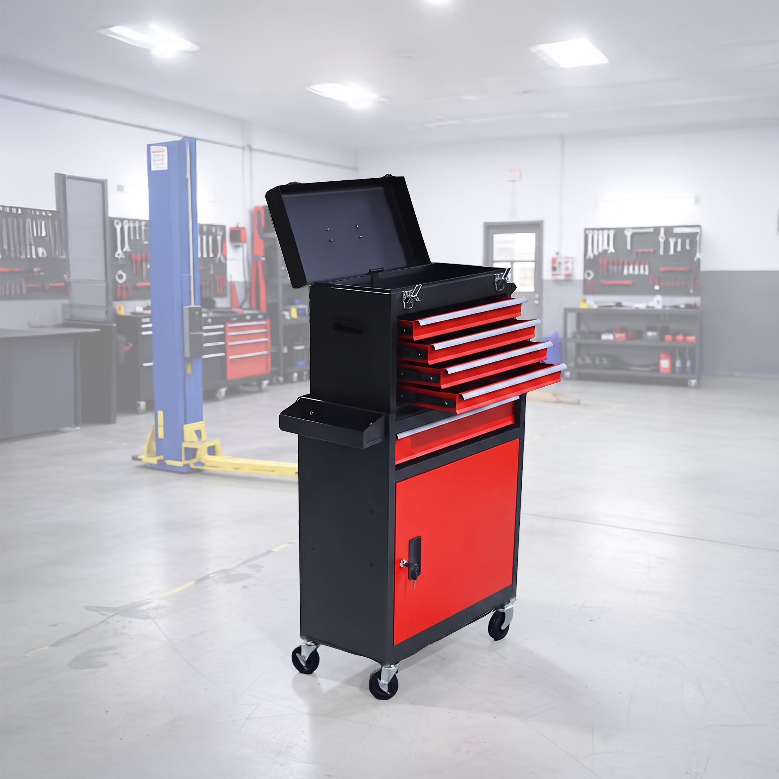Relaxdays Chariot d'atelier, Noir-Rouge | 5 tiroirs + coffret amovible verrouillable, 104×59,5×28 cm, roulettes, acier