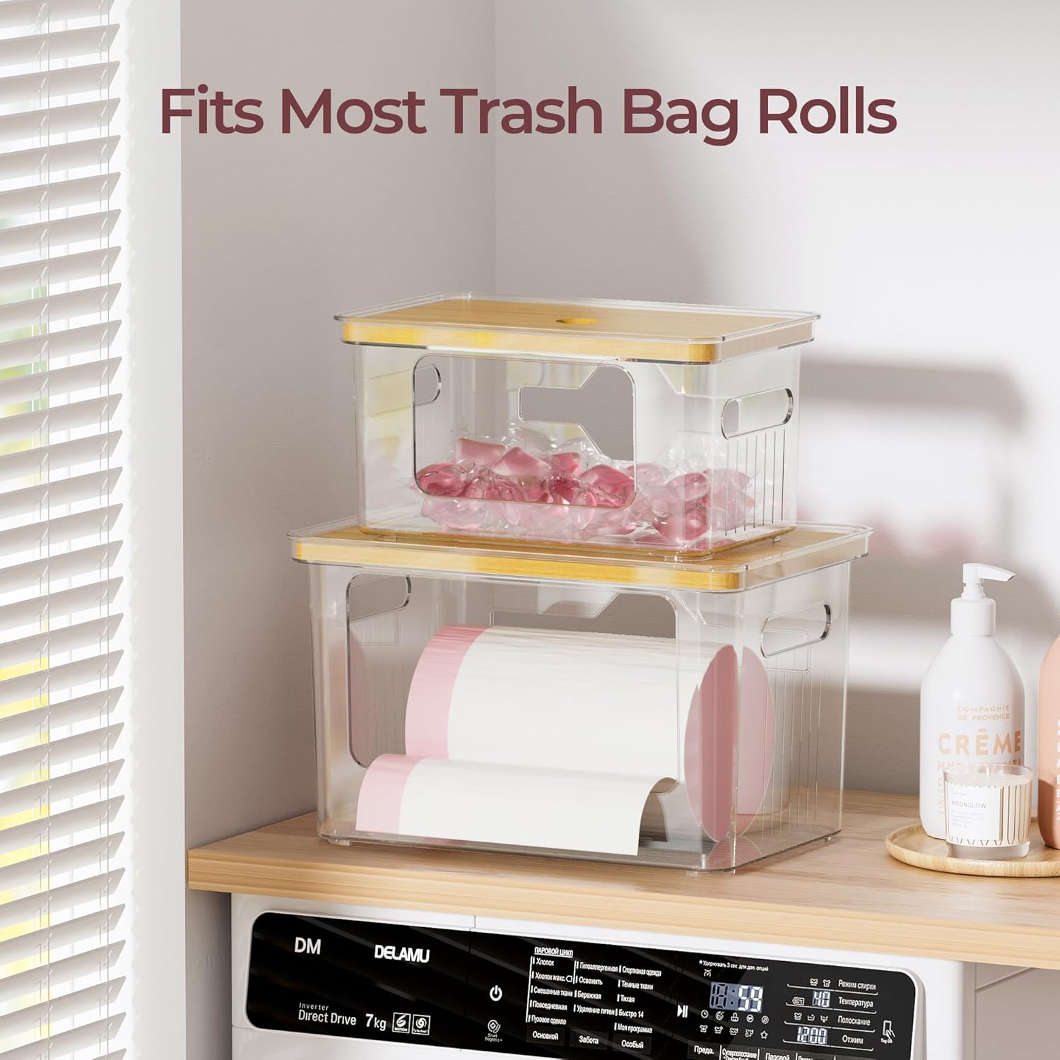 Delamu 2 Pack Trash Bag Dispenser with Bamboo Lid,Clear Plastic Garbage Bag Organizer for 4-33 Gal Bags,Space-Saving Under Sink Organizer for Kitchen, Laundry, Pantry