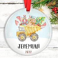 Vista 1 de Adorno de camión volquete de Navidad para niños, tractor personalizado, recuerdo de construcción personalizado para bebés recién nacidos, regalos