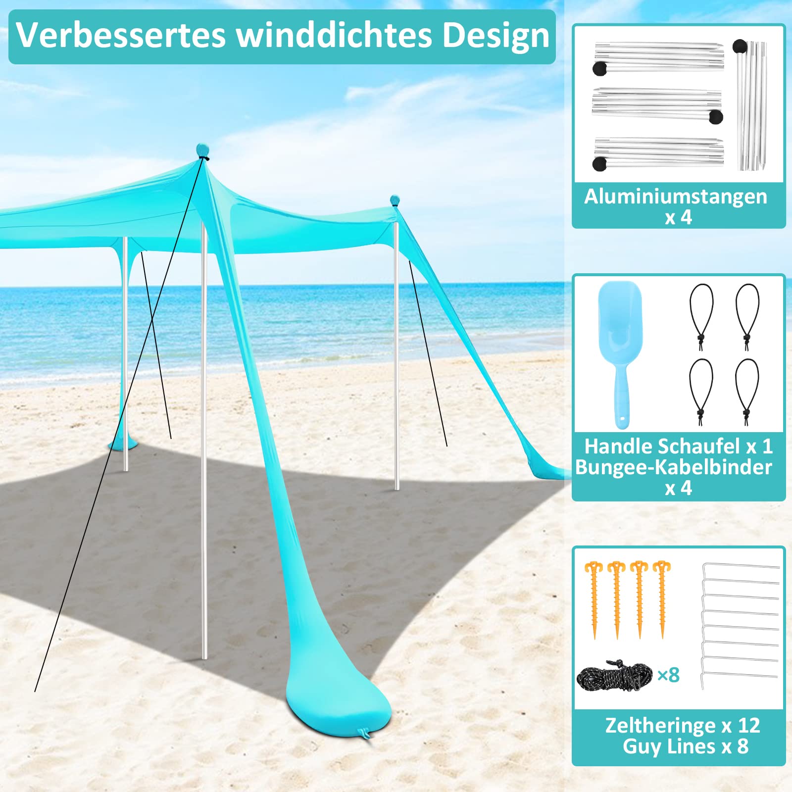 Strandzelt UV Schutz Sonnensegel 3 × 3m Outdoor-Schatten Camping Angeln Picknick Seegrün