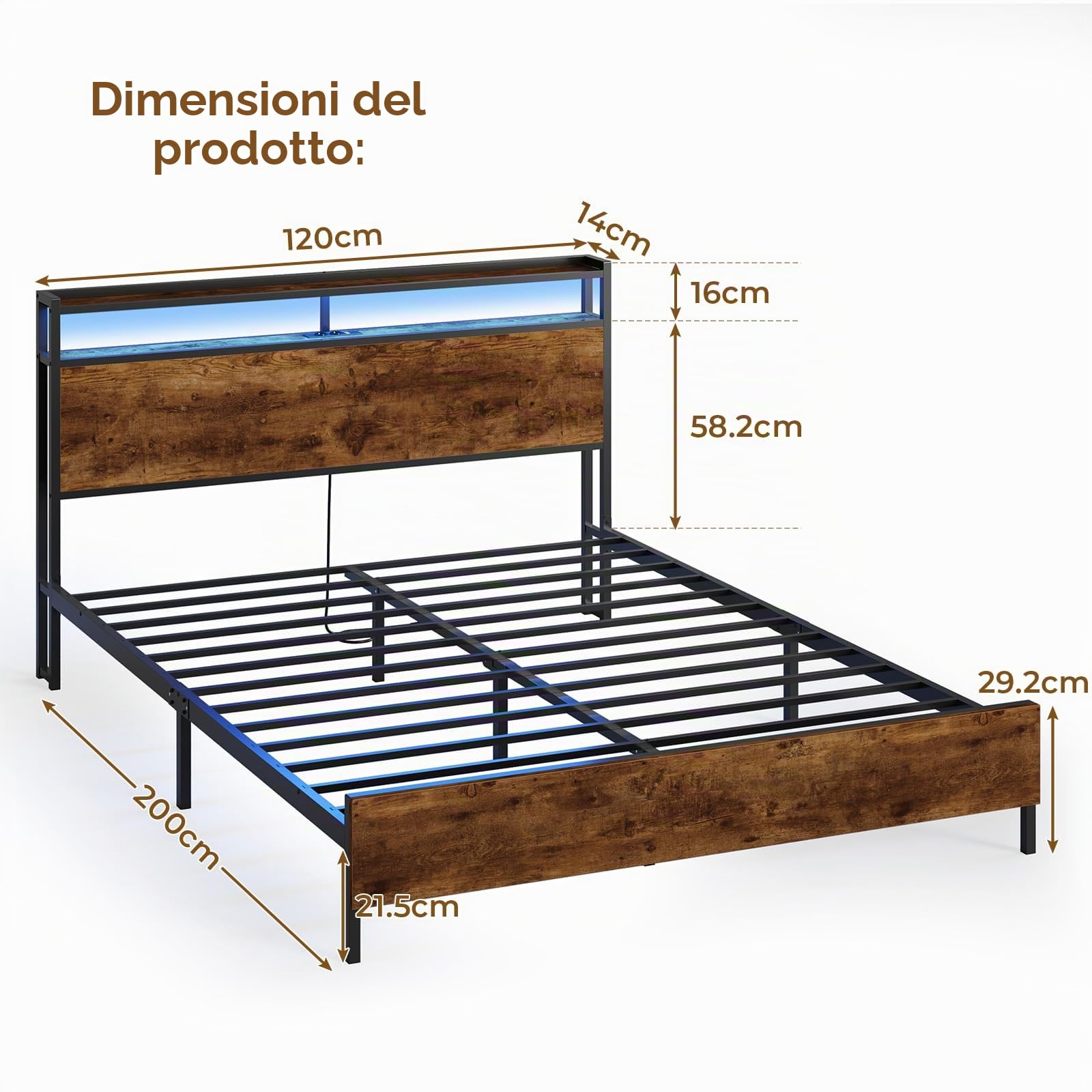 DICTAC Letto 120 x 200 cm con illuminazione LED, telaio del letto con presa e funzione di ricarica USB, letto in metallo 120 x 200 cm con testiera in legno, struttura del letto con rete a doghe e
