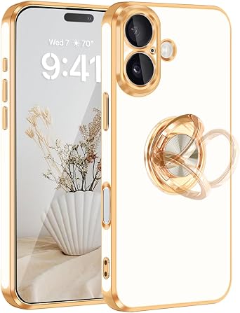Fingic for iPhone 16 Case 360 Rotatable Ring Holder Magnetic Kickstand | Shiny Plating Gold Edge Slim Soft TPU Shockproof Protective Phone Case for Women Men for iPhone 16 6.1 inch 2024, White
