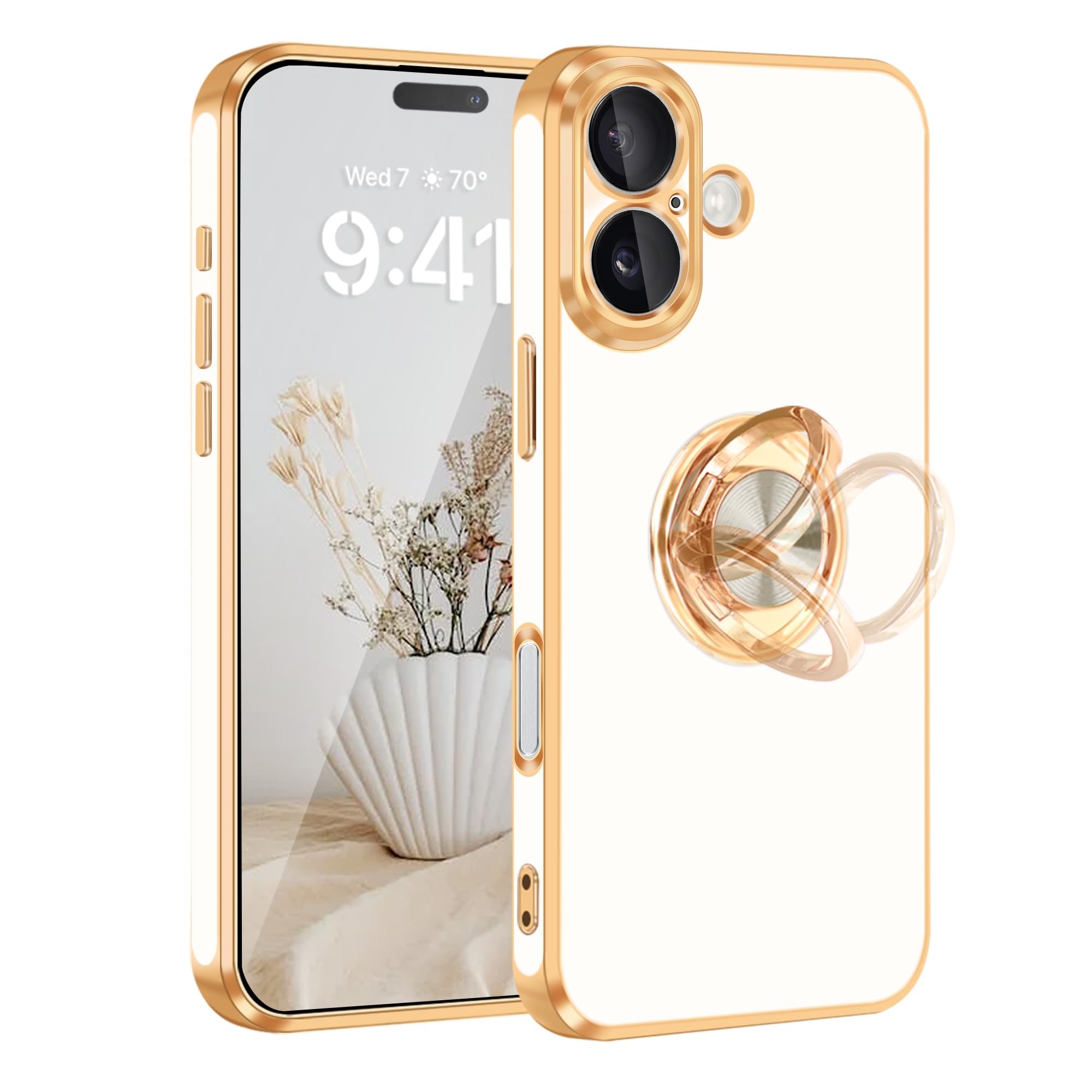 Fingic for iPhone 16 Plus Case[with 360°Rotatable Ring Holder][Support Magnetic Car Mount]Shiny Plating Gold Slim Fit Thin Soft TPU Bumper