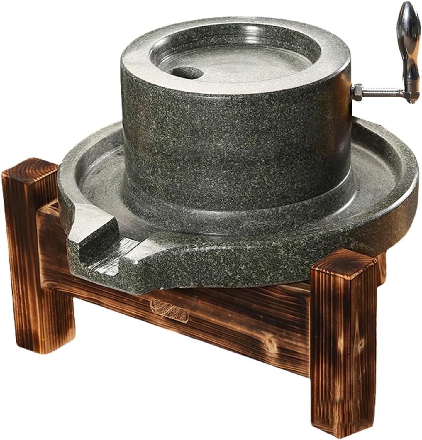 Manual Stone Mill, Hand Grinder with Stainless Steel Handle & Wooden Stand, 20cm for Grinding Wheat, Rice, Corn - Authentic Kitchen Tool