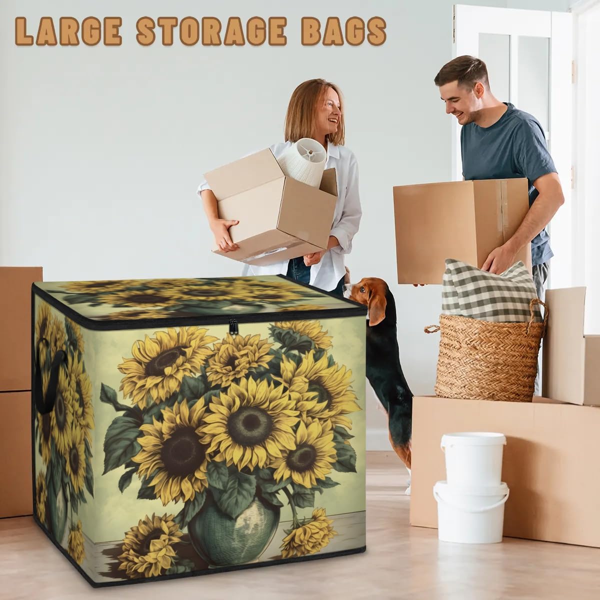 Honeybaby 214L Extra Large Comforter Storage Bag Sunflower Vase Summer Storage Totes with Lids Waterproof Closet Organizer Folding Blanket Storage Bags for Clothes Bedding Pillows