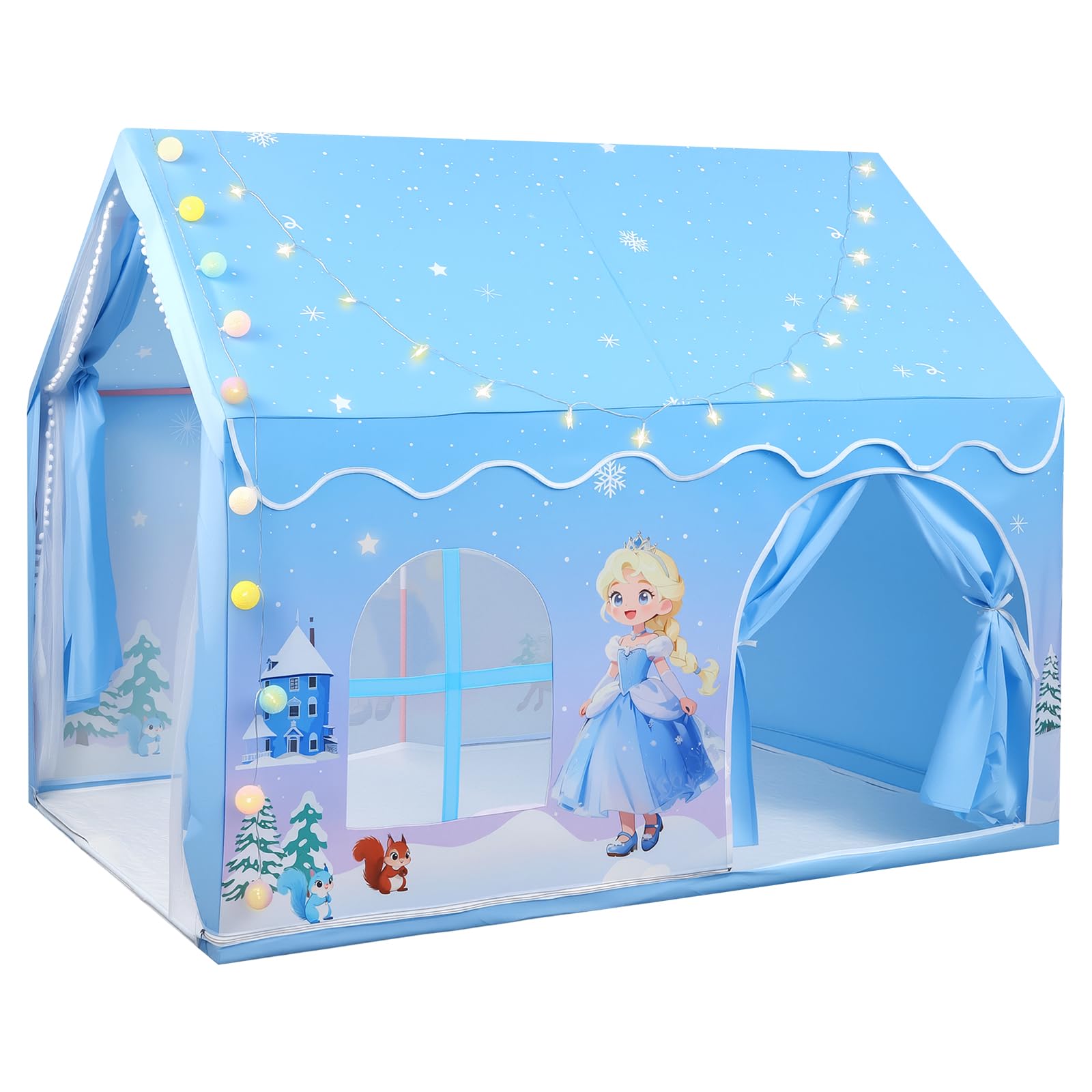 HOMGEN Kinderzelt mit Matte und Lichtern, Spielhaus Indoor für Kinder, Prinzessin Spielzelt für Kinderzimmer Deko & Lesezelt, für 3–12 Jahre,Mädchen und Jungen, 160×105×128cm, blau