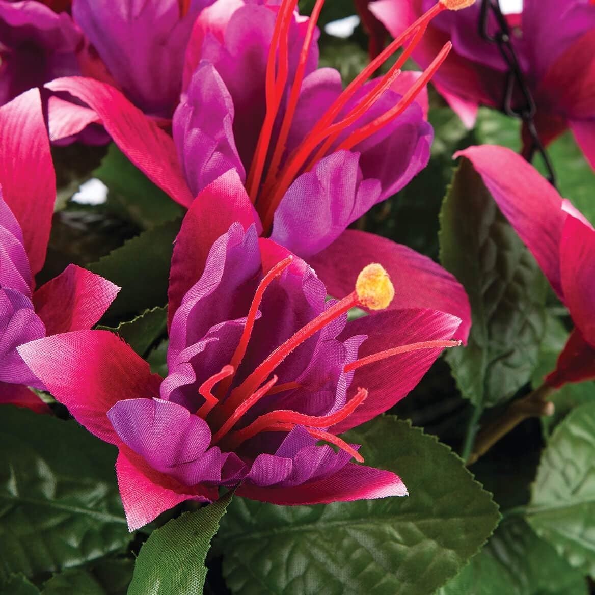 OakRidge Fully Assembled Artificial Fuchsia Hanging Basket – Polyester/Plastic Flowers in Metal/Coco Fiber Liner Basket for Indoor/Outdoor Use (Purple)