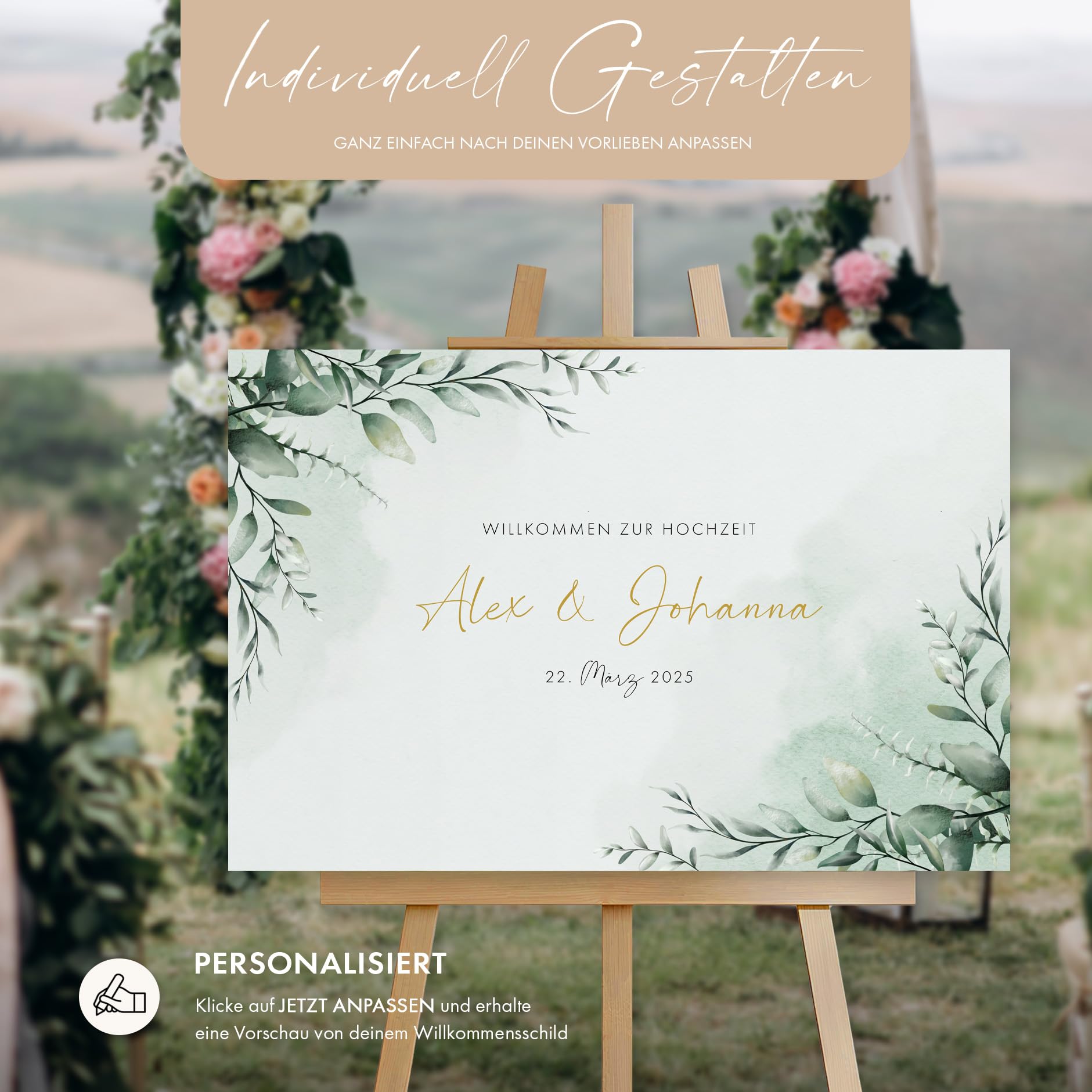 Willkommensschild Hochzeit Eukalyptus Gold mit Datum und Namen, personalisierte Hochzeitsdeko, Aufsteller Willkommen Schild, Grün, Leinwand, 60x40