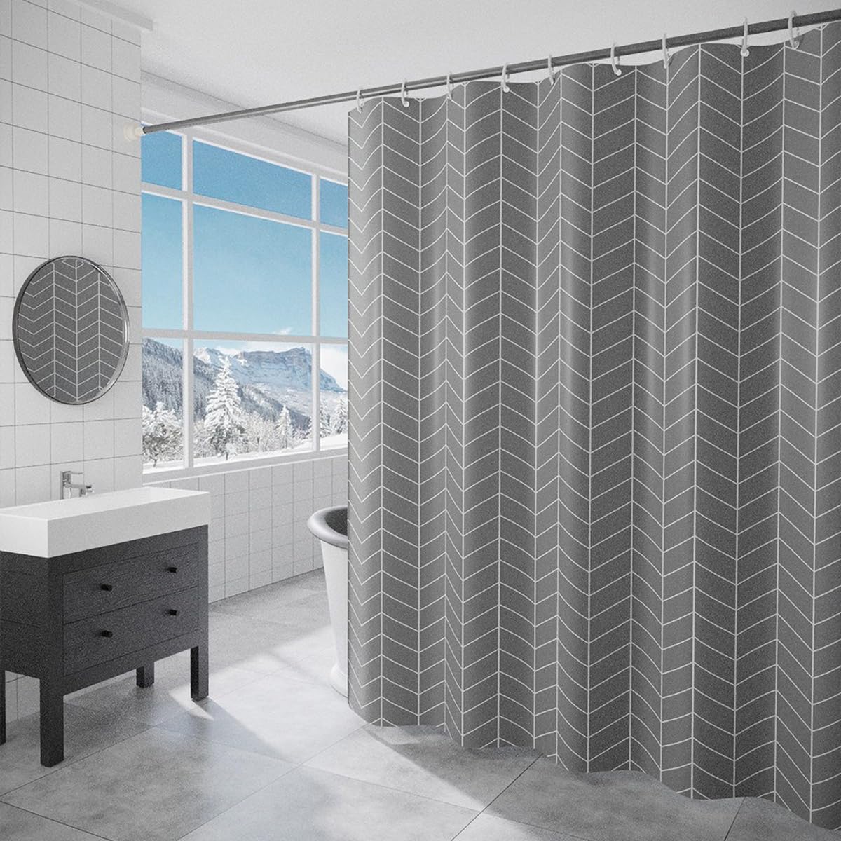 FSZhenZuan Shower Curtain 150x180cm Drop Water Repellent Shower Curtain with Hooks Washable Polyester Fabric Grey Arrow Decorative Bathroom Curtains, Weighted Hem — image 1