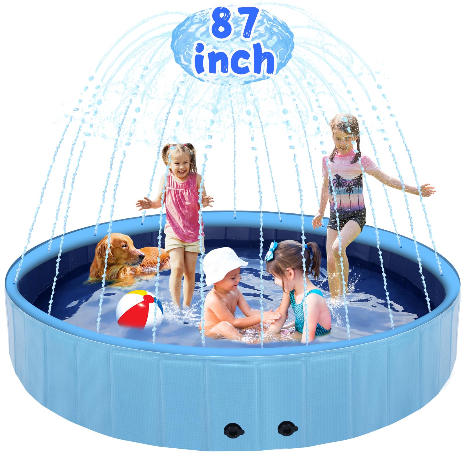 87" Large Dog Pool with Sprinkler, 2-in-1 Foldable Swimming Pool Non-Slip Hard Plastic Splash Sprinkler Kiddie Pool for Outdoor Backyard Kids Dogs Ducks and Pet Baths