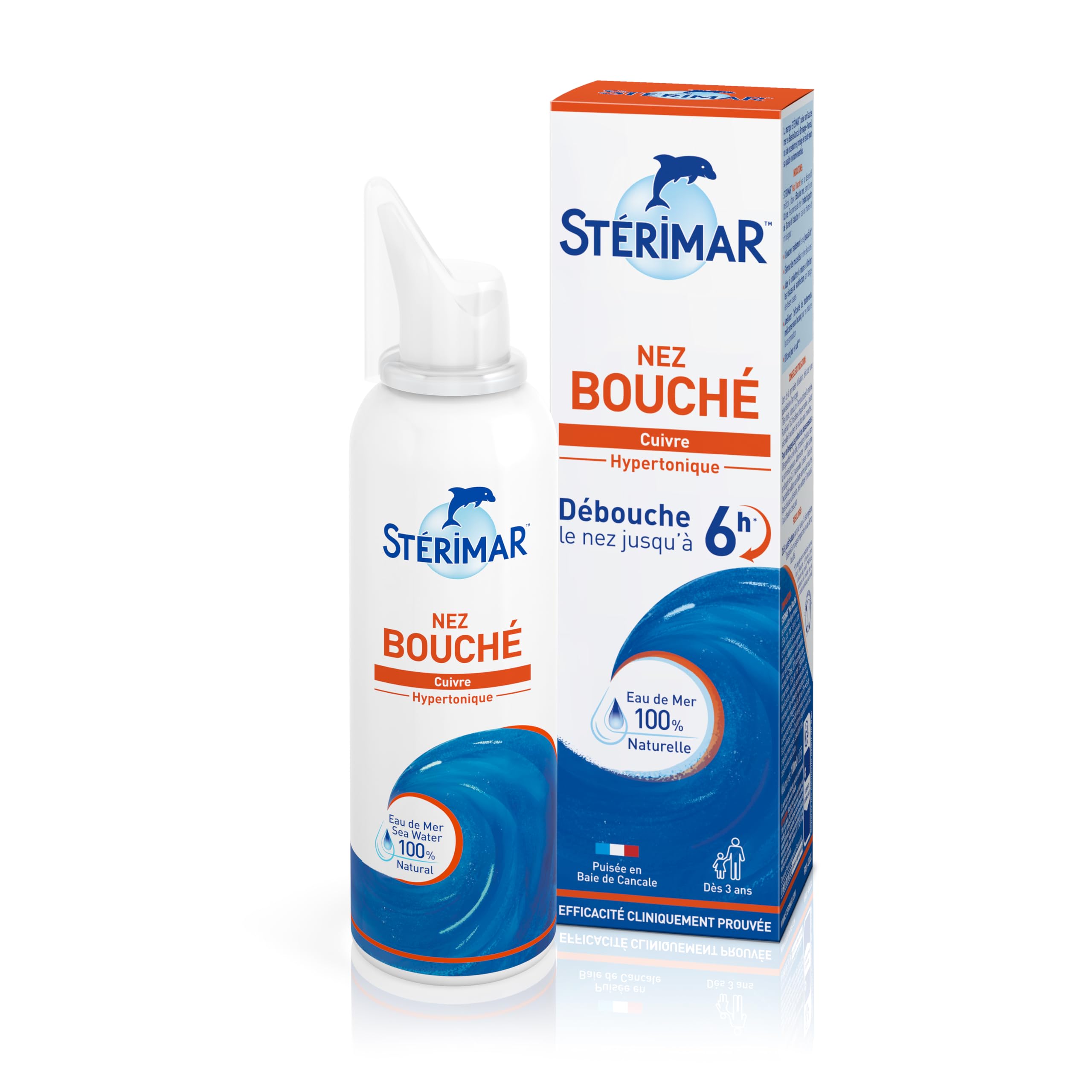 STÉRIMAR Nez Bouché- Spray Nasal Décongestionnant Longue Durée, Agit Rapidement & Jusqu'à 6H, à l'Eau de Mer 100% Naturelle & Cuivre, Formule Hypertonique, 100 ml