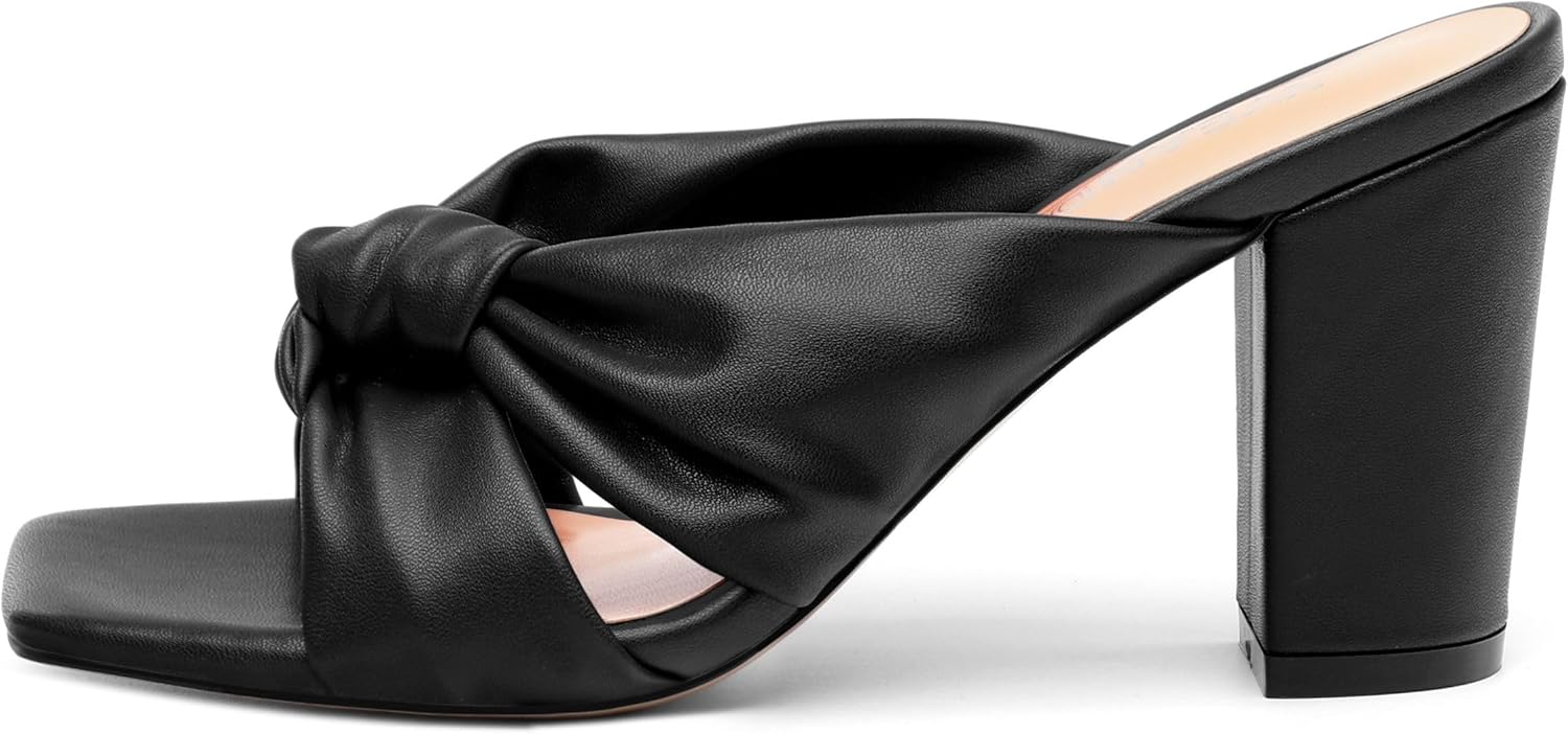 Women's High Heeled Square Toe Slip On Sandals, Puffy Knot Chunky Heel Open Toe Sandals for women, Summer Party Prom Shoes - Image 2