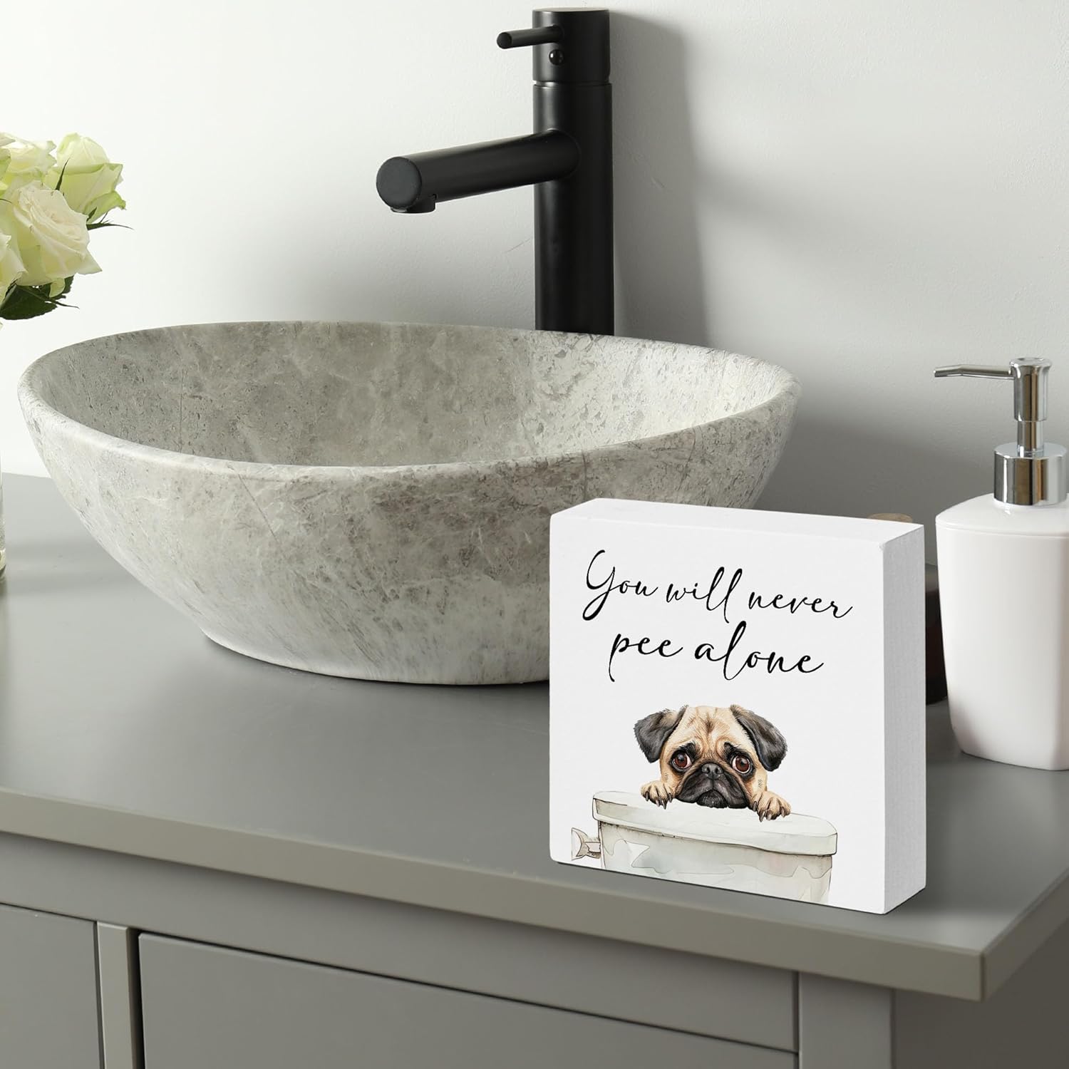 Cute Pug Dog Bathroom Decor, You Will Never Pee Alone Decor Wooden Box Sign, Funny House Decoration For Bathroom Toilet Washing Basin Shelf Table, Gifts for Dog Lovers. (079) - Image 6