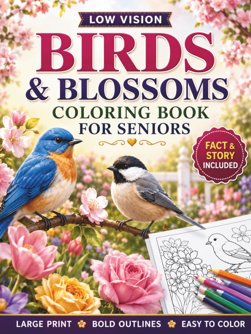 Low Vision Birds and Blossoms Coloring Book for Seniors: 50 Large Print, High Contrast Bird and Floral Designs with Bold Lines and Easy Details for Relaxation, Stress Relief, and Joyful Coloring