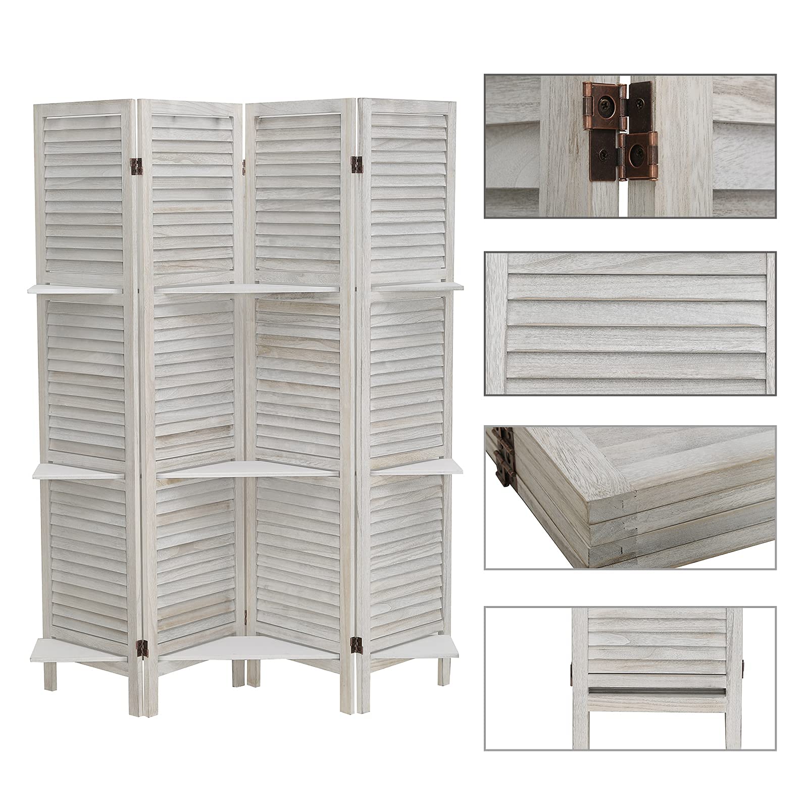 4 Panel Room Divider with Shelves, Freestanding Screen Room