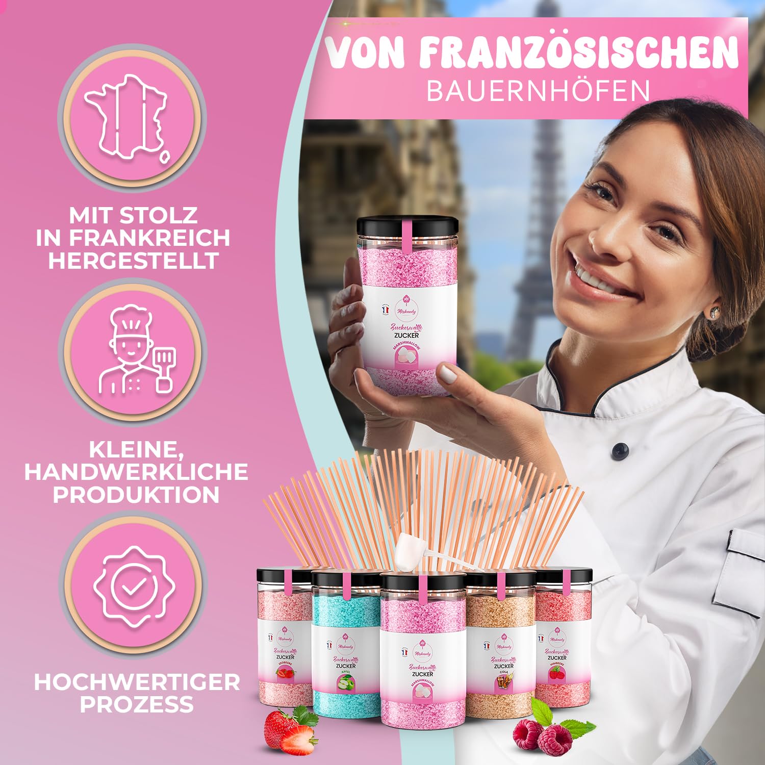 Misskandy®, Zuckerwatte Zucker (Farbstoffe ohne Azofarbstoffe) / Charge (5 * 300Gr)= 1,5kg/Erdbeere, Apfel, Marshmallow, Cola, Himbeere/zuckerwattemaschine zucker/Aromazucker + 50 Stäbchen (Free)