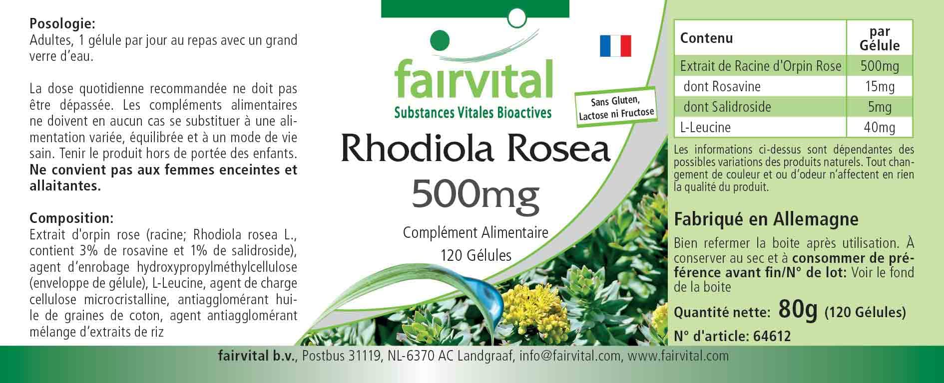 fairvital Gélules de Rhodiola rosea 500mg, 120 gélules, faciles à avaler, extrait de racine de rhodiole, HAUTEMENT DOSÉ, végétalien, 3% de rosavine (15mg) / 1% de salidroside (5mg)
