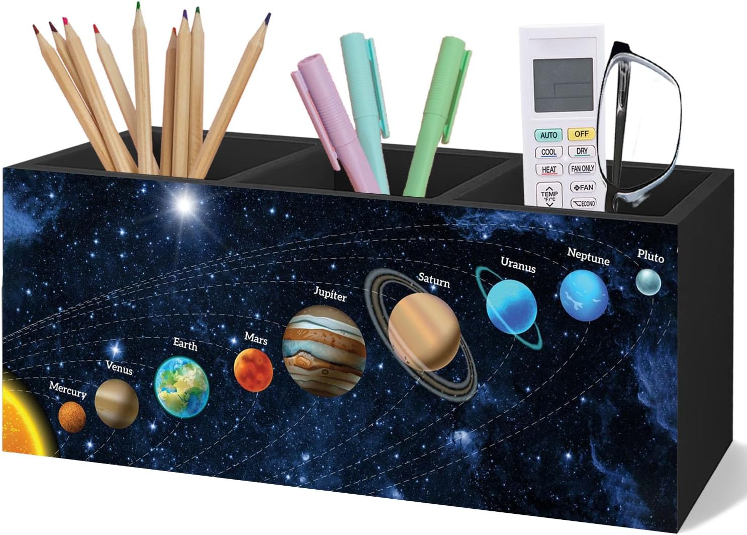 Outer Space Decor Wooden Pen Pencil Holder for Desk, Black Space Themed Bedroom Decor Gift for Kids Men, The Solar System Wood Makeup Brush Toothbrush Holder Organizer for Library Bedroom