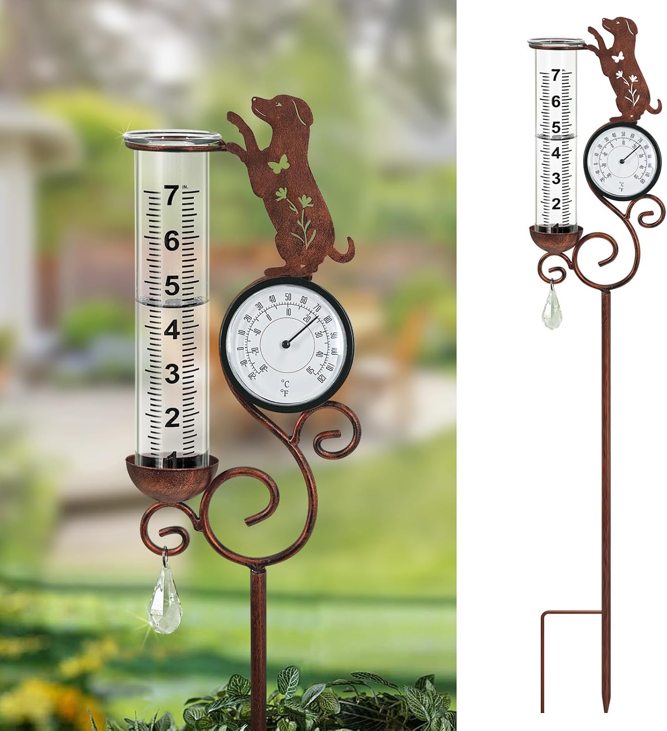 Dog Rain Gauge Outdoor,Large Number Scale Rain Gauge with Temperature & Hygrometer Metal Beagle Garden Stakes for Outside,Lawn,Yard,Patio,Farm